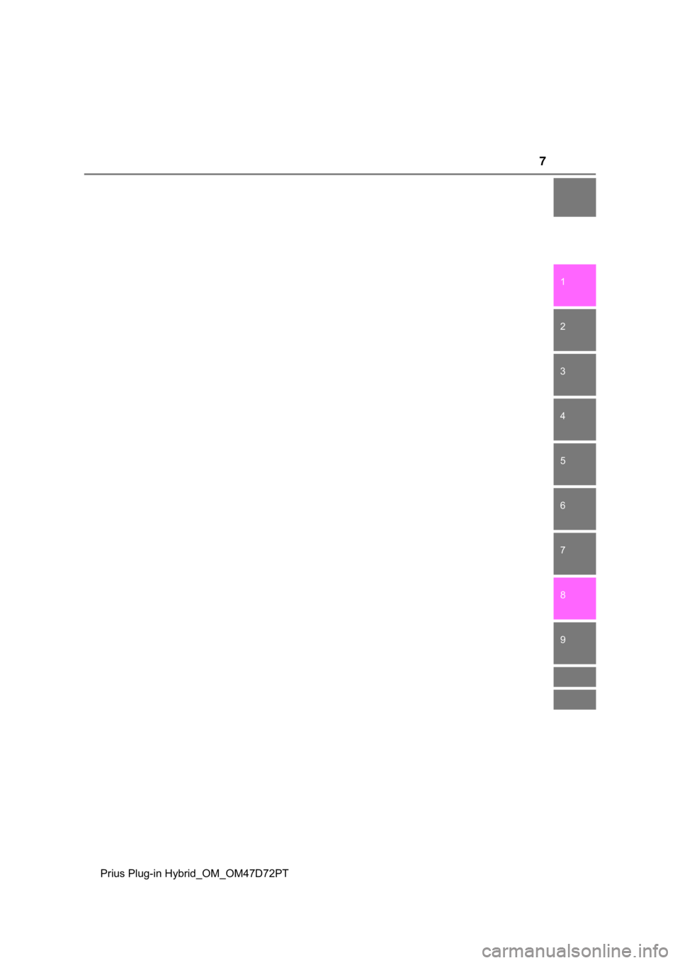TOYOTA PRIUS PLUG-IN HYBRID 2023  Manual de utilização (in Portuguese) 7
1
9 8
7
6
5
4 2
Prius Plug-in Hybrid_OM_OM47D72PT
3 