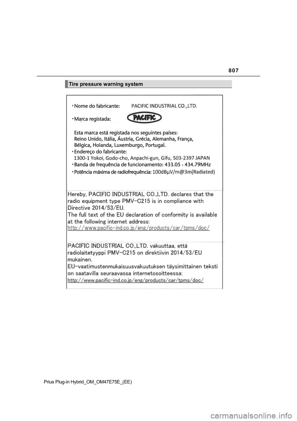 TOYOTA PRIUS PLUG-IN HYBRID 2023  Manual de utilização (in Portuguese) 807
Prius Plug-in Hybrid_OM_OM47E75E_(EE)
Tire pressure warning system
Nome do fabricante:Nome do fabricante:
Marca registada:Marca registada:
Esta marca está registada nos seguintes países:Esta mar