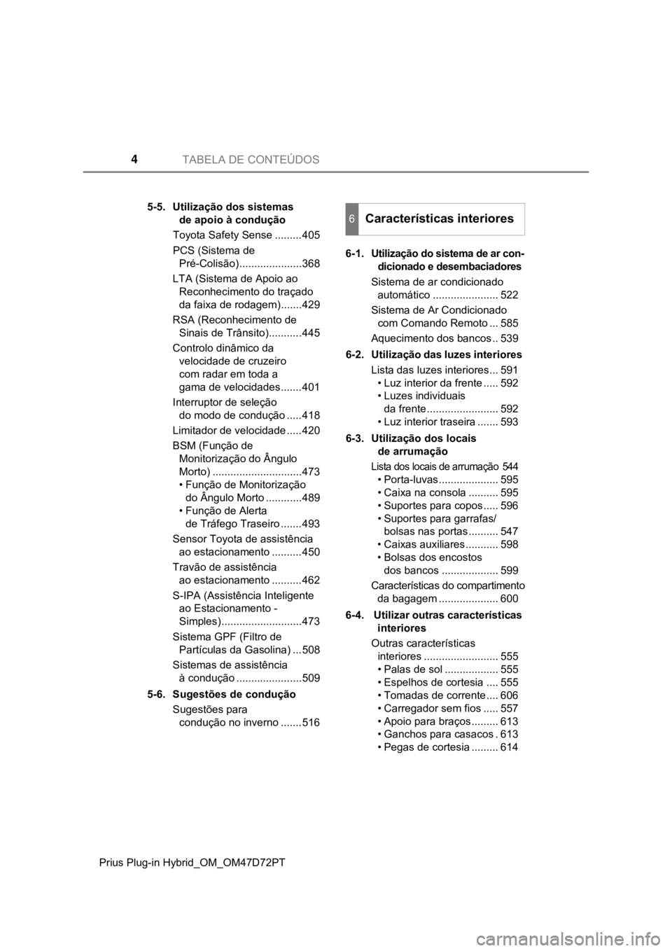 TOYOTA PRIUS PLUG-IN HYBRID 2022  Manual de utilização (in Portuguese) TABELA DE CONTEÚDOS4
Prius Plug-in Hybrid_OM_OM47D72PT5-5. Utilização dos sistemas 
de apoio à condução
Toyota Safety Sense .........405
PCS (Sistema de 
Pré-Colisão)....................