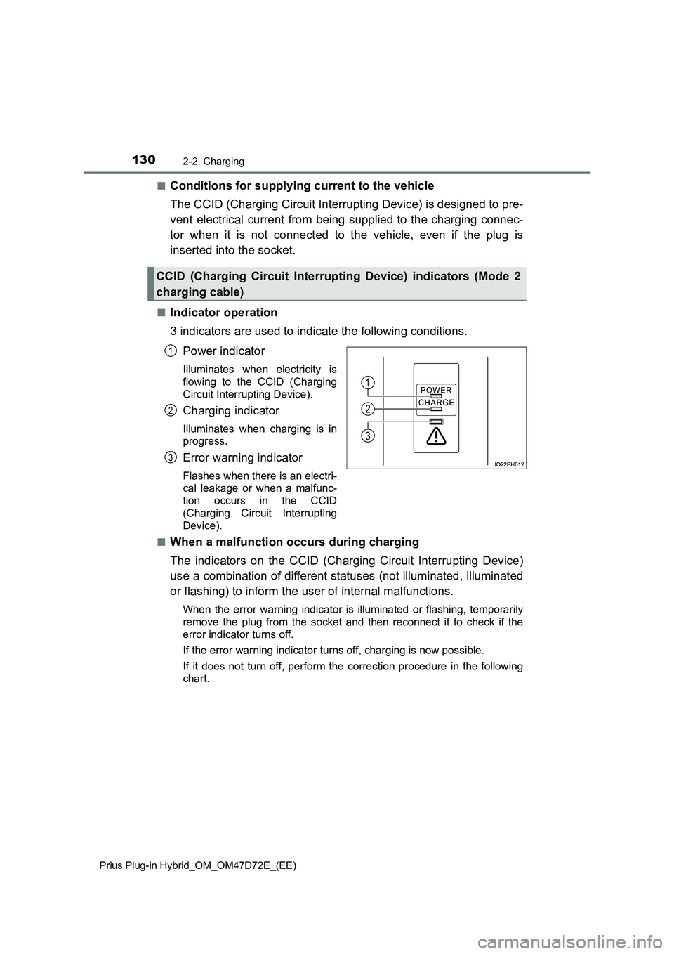 TOYOTA PRIUS PLUG-IN HYBRID 2021  Owners Manual 1302-2. Charging
Prius Plug-in Hybrid_OM_OM47D72E_(EE)
■Conditions for supplying current to the vehicle
The CCID (Charging Circuit Interrupting Device) is designed to pre-
vent electrical current fr