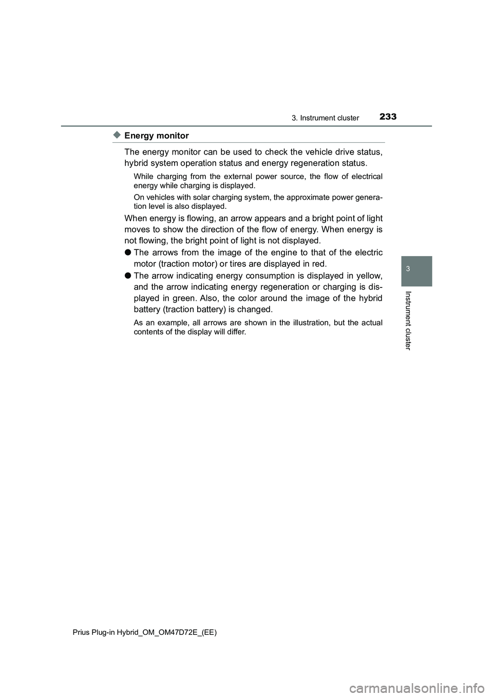 TOYOTA PRIUS PLUG-IN HYBRID 2021  Owners Manual 2333. Instrument cluster
3
Instrument cluster
Prius Plug-in Hybrid_OM_OM47D72E_(EE)
◆Energy monitor
The energy monitor can be used to check the vehicle drive status,
hybrid system operation status a