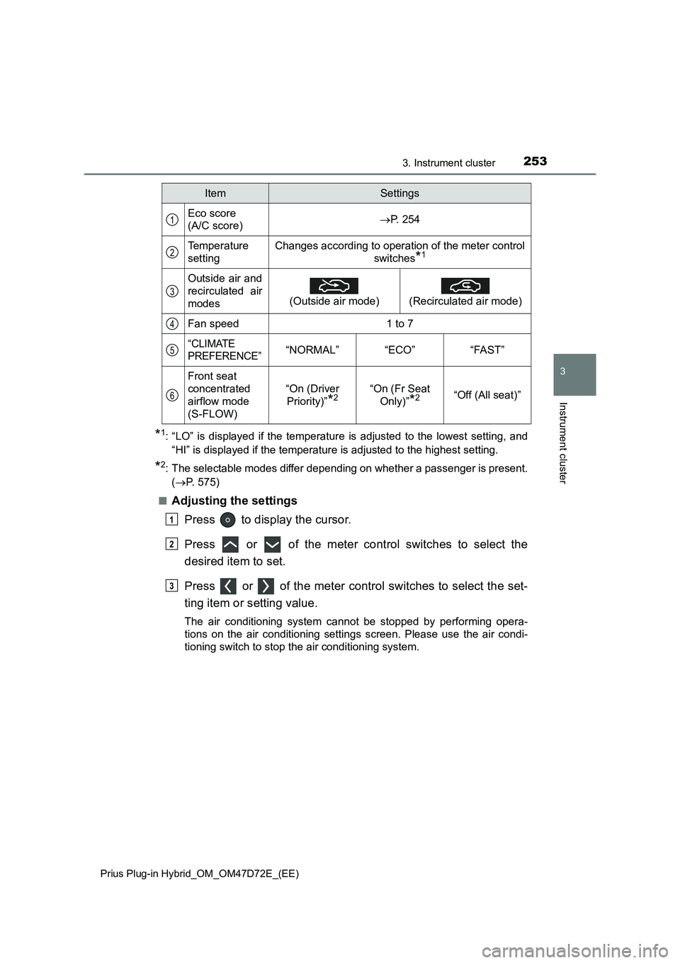 TOYOTA PRIUS PLUG-IN HYBRID 2021 Owners Manual 2533. Instrument cluster
3
Instrument cluster
Prius Plug-in Hybrid_OM_OM47D72E_(EE)
*1: “LO” is displayed if the temperature is adjusted to the lowest setting, and
“HI” is displayed if the tem TOYOTA PRIUS PLUG-IN HYBRID 2021 Owners Manual 2533. Instrument cluster
3
Instrument cluster
Prius Plug-in Hybrid_OM_OM47D72E_(EE)
*1: “LO” is displayed if the temperature is adjusted to the lowest setting, and
“HI” is displayed if the tem
