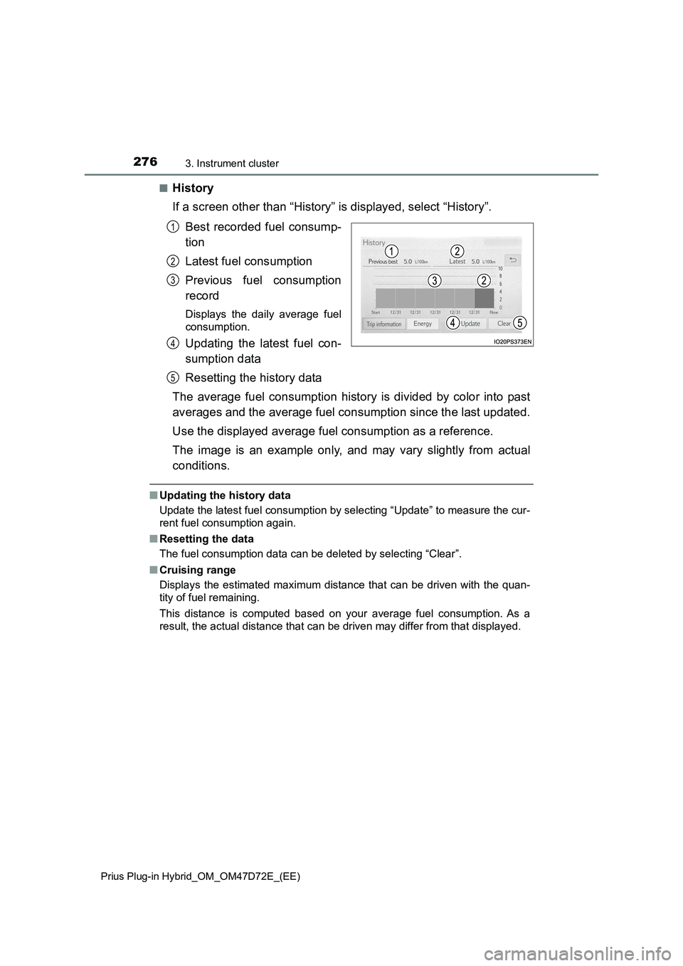 TOYOTA PRIUS PLUG-IN HYBRID 2021 Owners Manual 2763. Instrument cluster
Prius Plug-in Hybrid_OM_OM47D72E_(EE)
■History
If a screen other than “History” is displayed, select “History”.
Best recorded fuel consump-
tion
Latest fuel consumpt TOYOTA PRIUS PLUG-IN HYBRID 2021 Owners Manual 2763. Instrument cluster
Prius Plug-in Hybrid_OM_OM47D72E_(EE)
■History
If a screen other than “History” is displayed, select “History”.
Best recorded fuel consump-
tion
Latest fuel consumpt