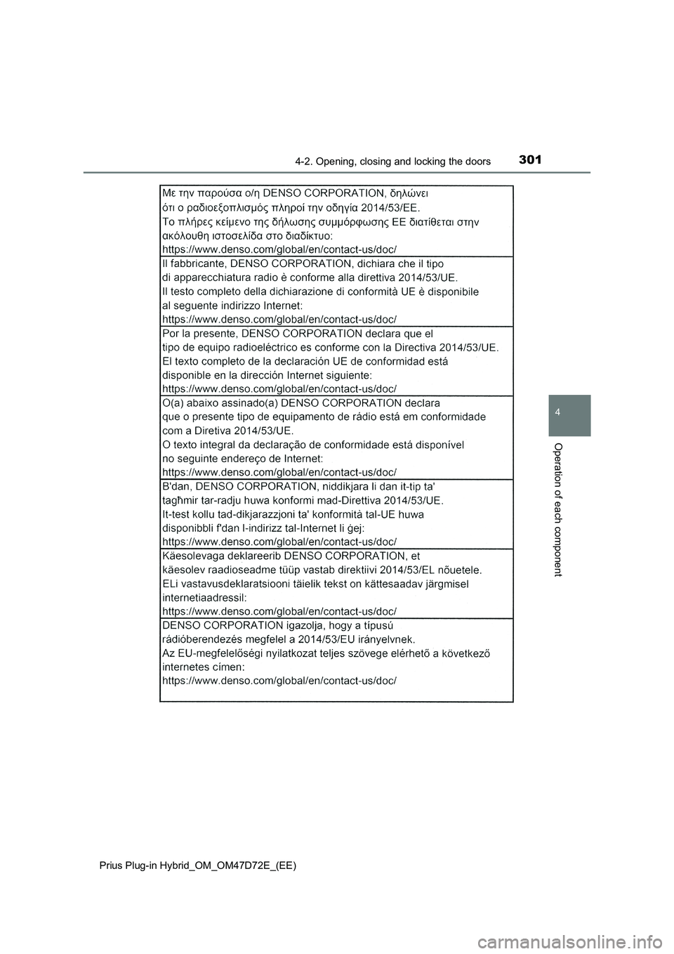 TOYOTA PRIUS PLUG-IN HYBRID 2021 Owners Manual 3014-2. Opening, closing and locking the doors
Prius Plug-in Hybrid_OM_OM47D72E_(EE)
4
Operation of each component TOYOTA PRIUS PLUG-IN HYBRID 2021 Owners Manual 3014-2. Opening, closing and locking the doors
Prius Plug-in Hybrid_OM_OM47D72E_(EE)
4
Operation of each component