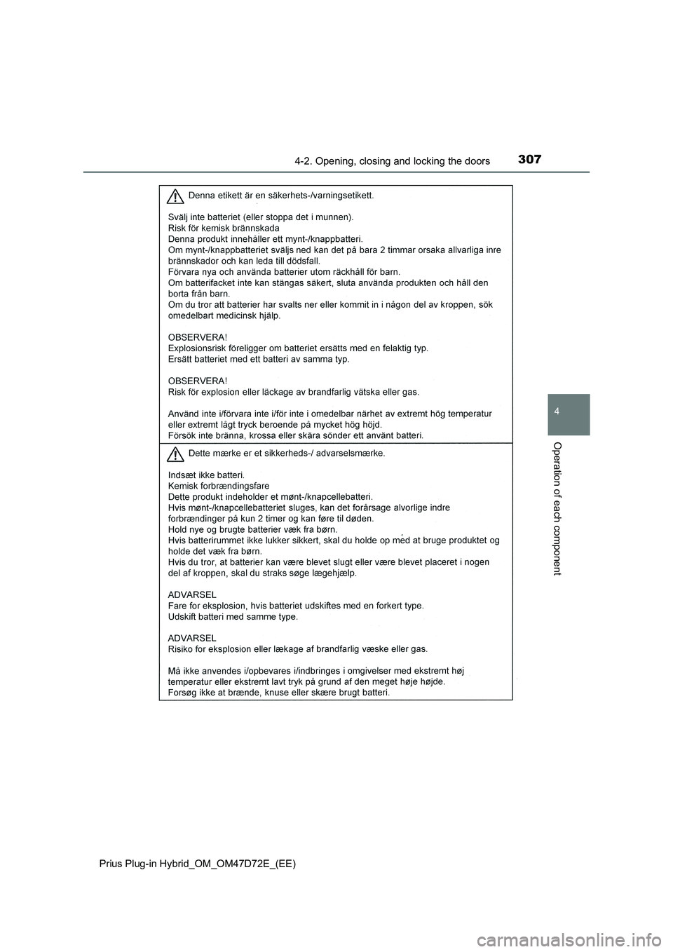 TOYOTA PRIUS PLUG-IN HYBRID 2021 Owners Manual 3074-2. Opening, closing and locking the doors
Prius Plug-in Hybrid_OM_OM47D72E_(EE)
4
Operation of each component TOYOTA PRIUS PLUG-IN HYBRID 2021 Owners Manual 3074-2. Opening, closing and locking the doors
Prius Plug-in Hybrid_OM_OM47D72E_(EE)
4
Operation of each component