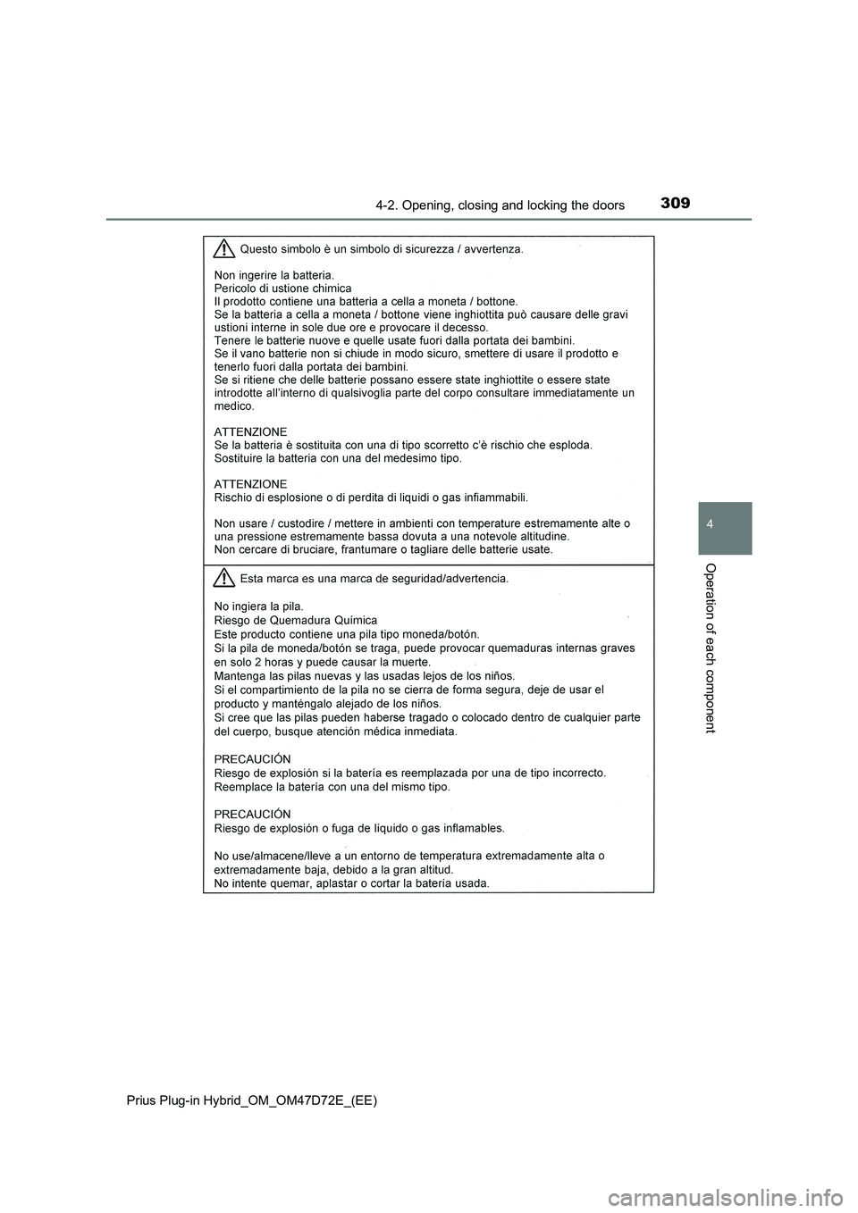 TOYOTA PRIUS PLUG-IN HYBRID 2021 Owners Manual 3094-2. Opening, closing and locking the doors
Prius Plug-in Hybrid_OM_OM47D72E_(EE)
4
Operation of each component TOYOTA PRIUS PLUG-IN HYBRID 2021 Owners Manual 3094-2. Opening, closing and locking the doors
Prius Plug-in Hybrid_OM_OM47D72E_(EE)
4
Operation of each component