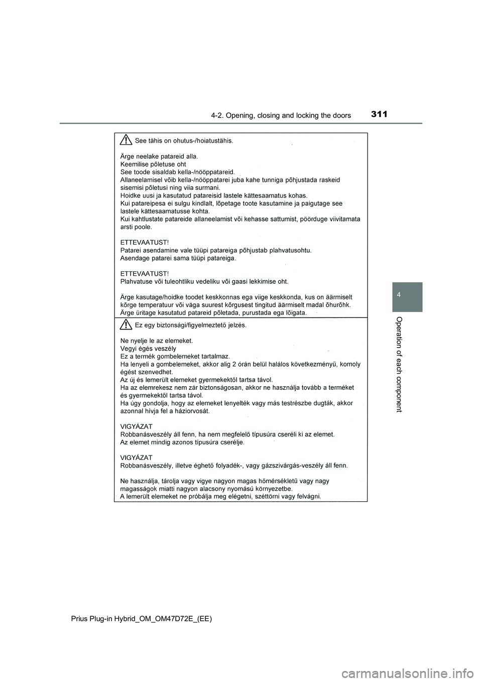TOYOTA PRIUS PLUG-IN HYBRID 2021 Owners Manual 3114-2. Opening, closing and locking the doors
Prius Plug-in Hybrid_OM_OM47D72E_(EE)
4
Operation of each component TOYOTA PRIUS PLUG-IN HYBRID 2021 Owners Manual 3114-2. Opening, closing and locking the doors
Prius Plug-in Hybrid_OM_OM47D72E_(EE)
4
Operation of each component