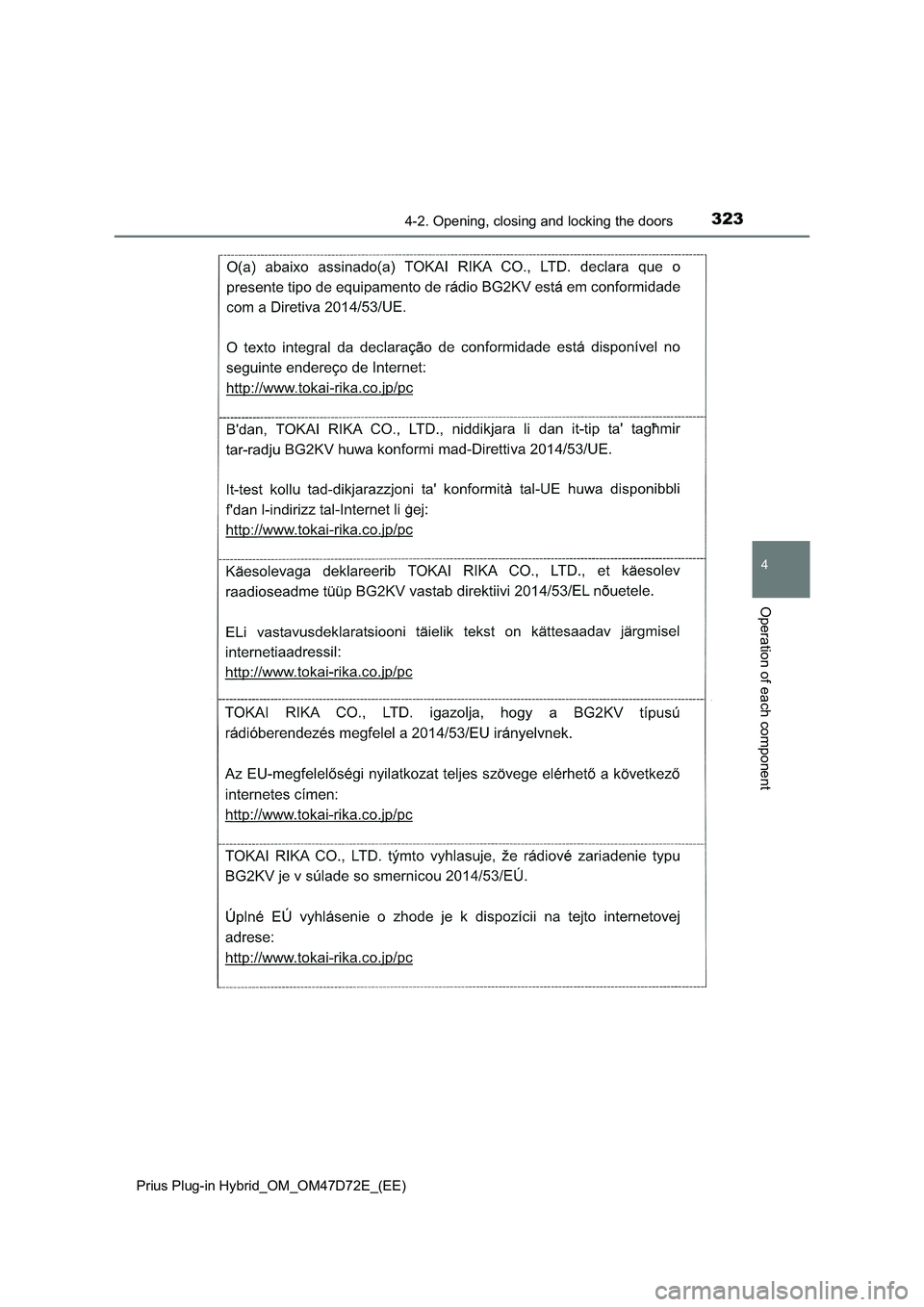 TOYOTA PRIUS PLUG-IN HYBRID 2021 Owners Manual 3234-2. Opening, closing and locking the doors
Prius Plug-in Hybrid_OM_OM47D72E_(EE)
4
Operation of each component TOYOTA PRIUS PLUG-IN HYBRID 2021 Owners Manual 3234-2. Opening, closing and locking the doors
Prius Plug-in Hybrid_OM_OM47D72E_(EE)
4
Operation of each component