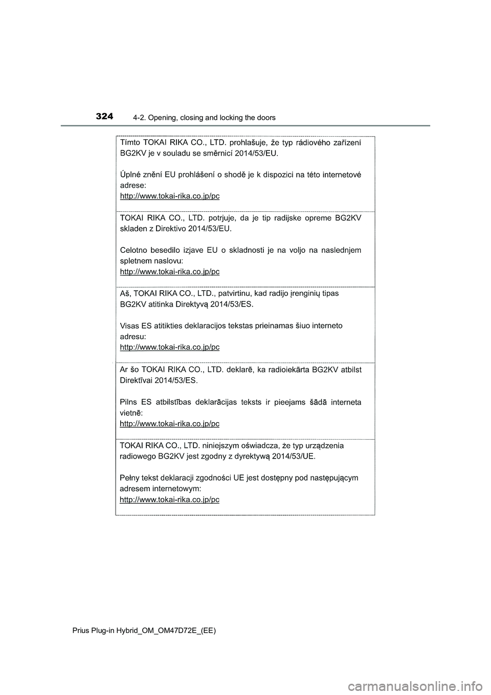 TOYOTA PRIUS PLUG-IN HYBRID 2021 Owners Manual 3244-2. Opening, closing and locking the doors
Prius Plug-in Hybrid_OM_OM47D72E_(EE) TOYOTA PRIUS PLUG-IN HYBRID 2021 Owners Manual 3244-2. Opening, closing and locking the doors
Prius Plug-in Hybrid_OM_OM47D72E_(EE)