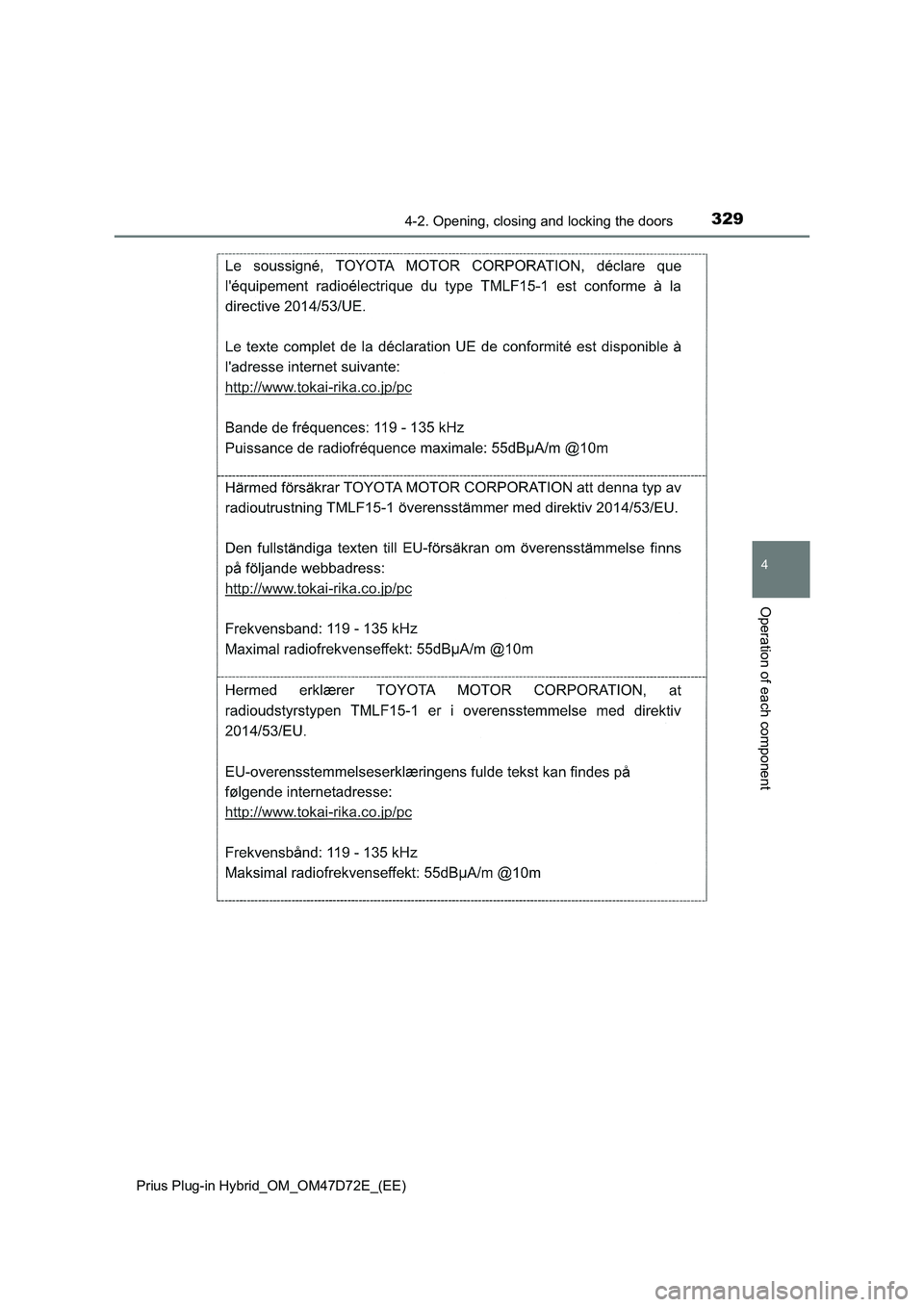 TOYOTA PRIUS PLUG-IN HYBRID 2021 Owners Manual 3294-2. Opening, closing and locking the doors
Prius Plug-in Hybrid_OM_OM47D72E_(EE)
4
Operation of each component TOYOTA PRIUS PLUG-IN HYBRID 2021 Owners Manual 3294-2. Opening, closing and locking the doors
Prius Plug-in Hybrid_OM_OM47D72E_(EE)
4
Operation of each component