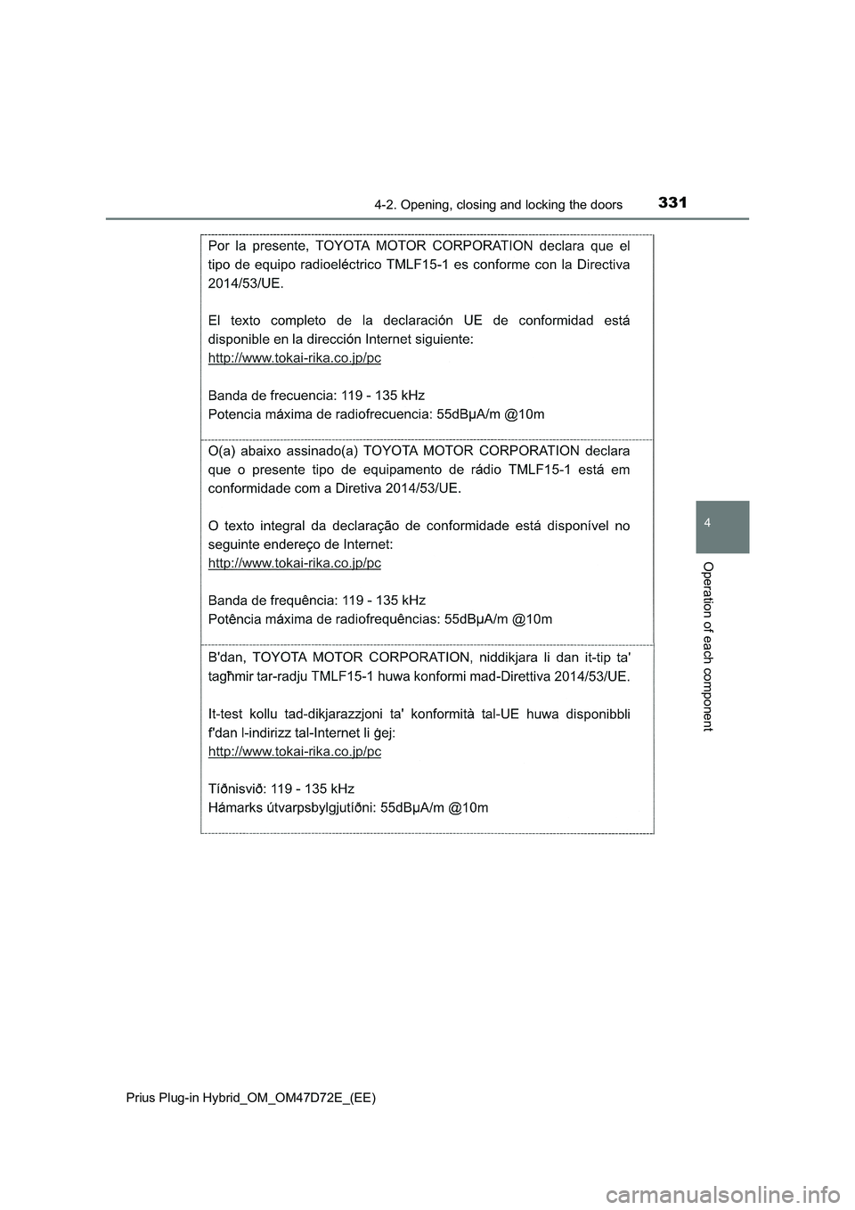 TOYOTA PRIUS PLUG-IN HYBRID 2021  Owners Manual 3314-2. Opening, closing and locking the doors
Prius Plug-in Hybrid_OM_OM47D72E_(EE)
4
Operation of each component 