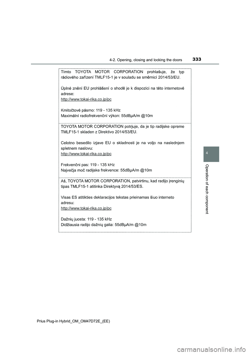 TOYOTA PRIUS PLUG-IN HYBRID 2021  Owners Manual 3334-2. Opening, closing and locking the doors
Prius Plug-in Hybrid_OM_OM47D72E_(EE)
4
Operation of each component 