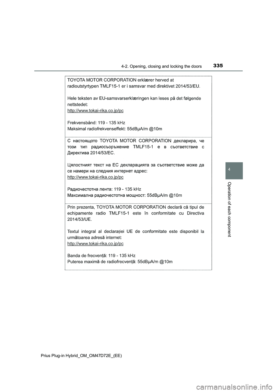TOYOTA PRIUS PLUG-IN HYBRID 2021  Owners Manual 3354-2. Opening, closing and locking the doors
Prius Plug-in Hybrid_OM_OM47D72E_(EE)
4
Operation of each component 