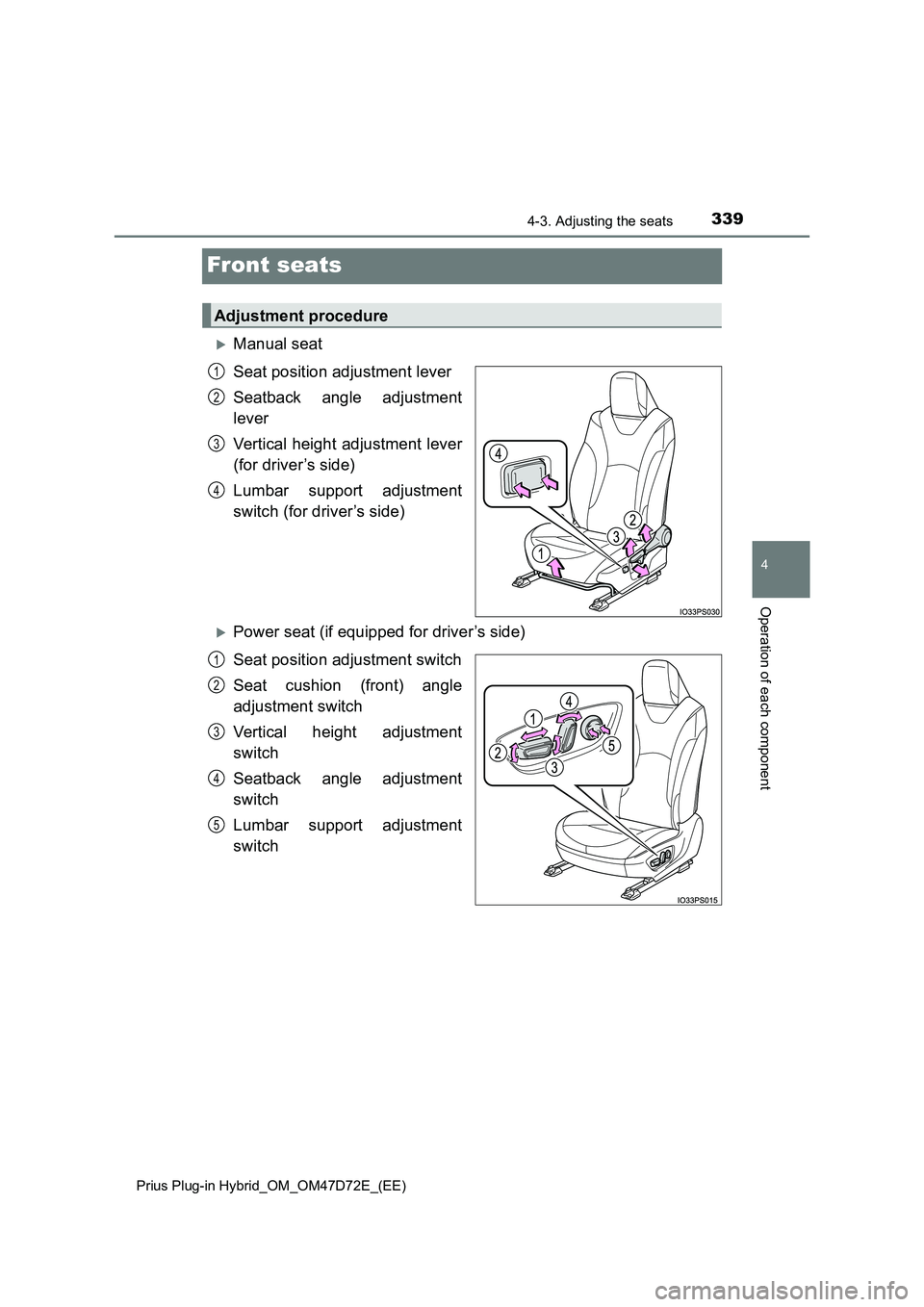 TOYOTA PRIUS PLUG-IN HYBRID 2021 Owners Manual 3394-3. Adjusting the seats
Prius Plug-in Hybrid_OM_OM47D72E_(EE)
4
Operation of each component
Front seats
Manual seat
Seat position adjustment lever
Seatback angle adjustment
lever
Vertical TOYOTA PRIUS PLUG-IN HYBRID 2021 Owners Manual 3394-3. Adjusting the seats
Prius Plug-in Hybrid_OM_OM47D72E_(EE)
4
Operation of each component
Front seats
Manual seat
Seat position adjustment lever
Seatback angle adjustment
lever
Vertical