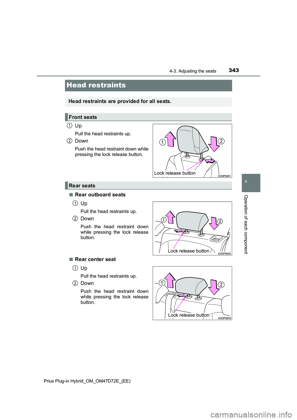 TOYOTA PRIUS PLUG-IN HYBRID 2021  Owners Manual 3434-3. Adjusting the seats 
Prius Plug-in Hybrid_OM_OM47D72E_(EE)
4
Operation of each component
Head restraints
Up
Pull the head restraints up.
Down
Push the head restraint down while 
pressing the l