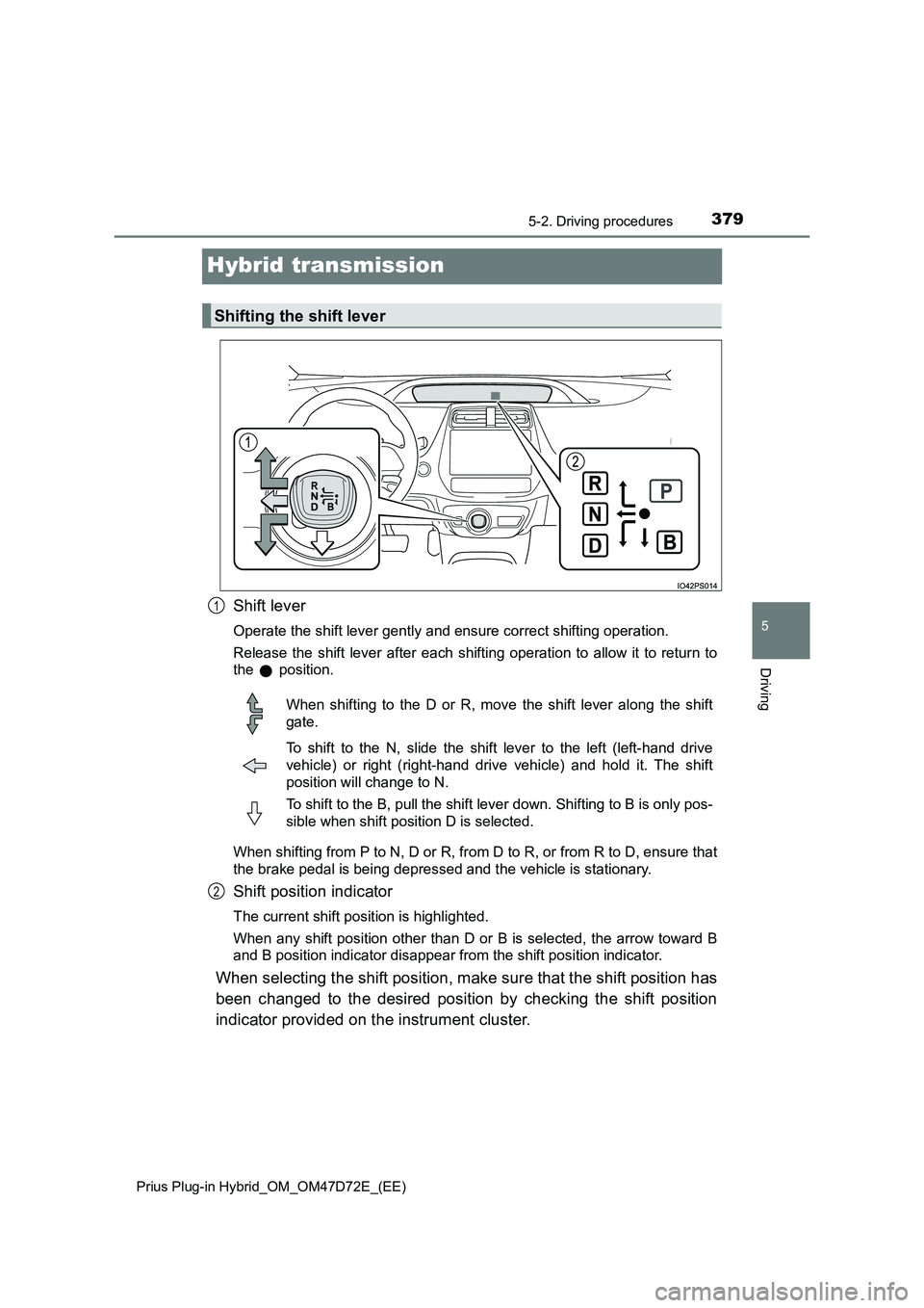 TOYOTA PRIUS PLUG-IN HYBRID 2021 Owners Manual 3795-2. Driving procedures
Prius Plug-in Hybrid_OM_OM47D72E_(EE)
5
Driving
Hybrid transmission
Shift lever
Operate the shift lever gently and ensure correct shifting operation.
Release the shift lev TOYOTA PRIUS PLUG-IN HYBRID 2021 Owners Manual 3795-2. Driving procedures
Prius Plug-in Hybrid_OM_OM47D72E_(EE)
5
Driving
Hybrid transmission
Shift lever
Operate the shift lever gently and ensure correct shifting operation.
Release the shift lev