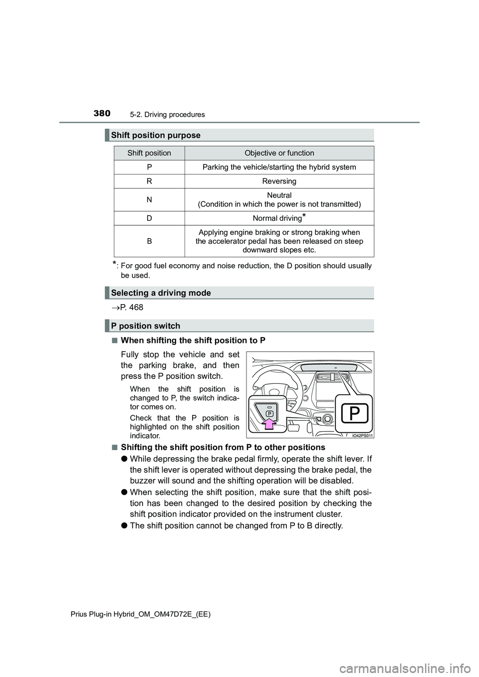 TOYOTA PRIUS PLUG-IN HYBRID 2021  Owners Manual 3805-2. Driving procedures
Prius Plug-in Hybrid_OM_OM47D72E_(EE)
*: For good fuel economy and noise reduction, the D position should usually
be used.
P.  4 6 8
■When shifting the shift position t