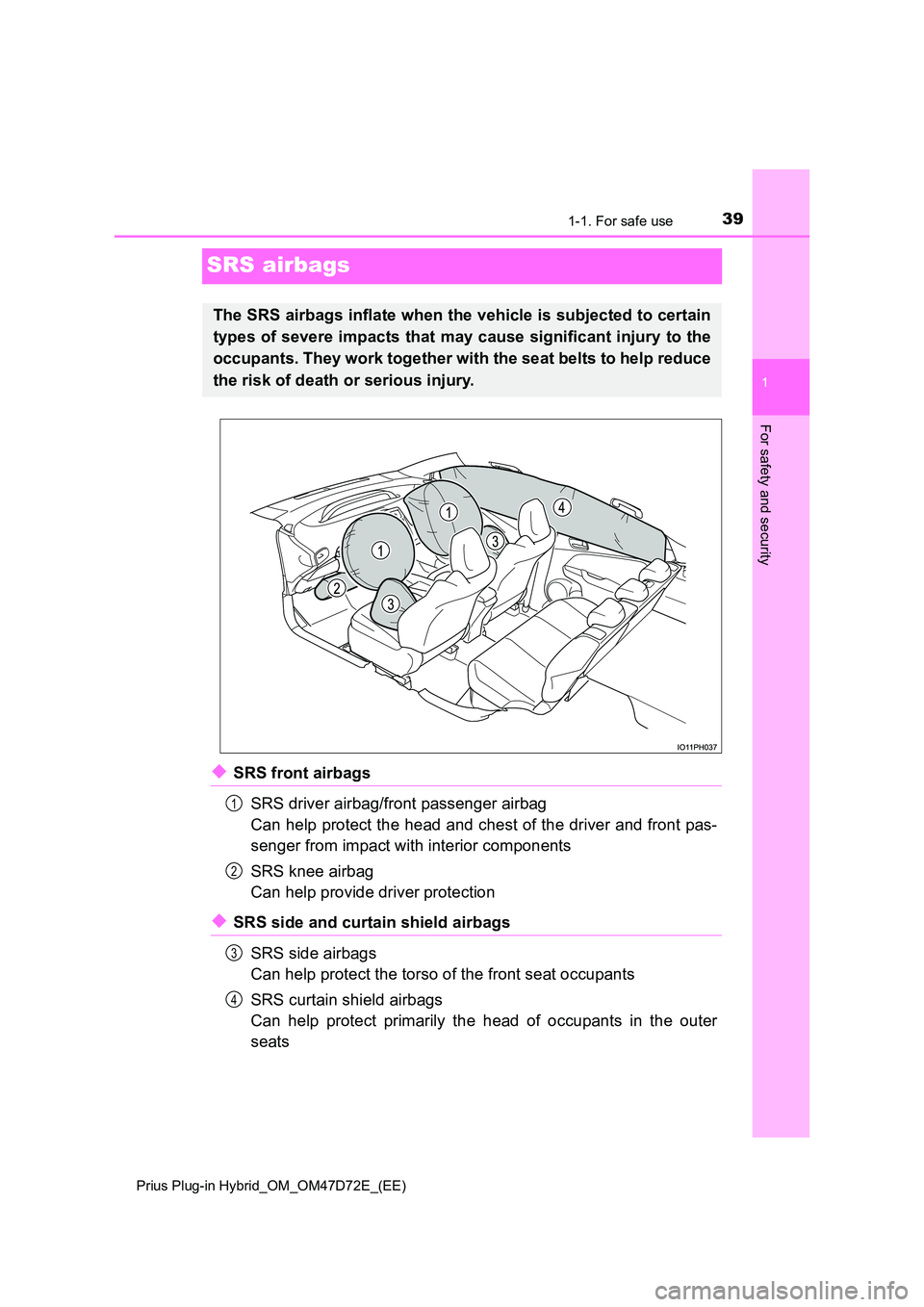 TOYOTA PRIUS PLUG-IN HYBRID 2021 Owners Guide 391-1. For safe use
1
For safety and security
Prius Plug-in Hybrid_OM_OM47D72E_(EE)
SRS airbags
◆SRS front airbags
SRS driver airbag/front passenger airbag
Can help protect the head and chest of t TOYOTA PRIUS PLUG-IN HYBRID 2021 Owners Guide 391-1. For safe use
1
For safety and security
Prius Plug-in Hybrid_OM_OM47D72E_(EE)
SRS airbags
◆SRS front airbags
SRS driver airbag/front passenger airbag
Can help protect the head and chest of t