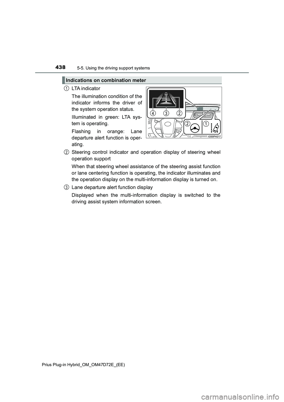 TOYOTA PRIUS PLUG-IN HYBRID 2021  Owners Manual 4385-5. Using the driving support systems
Prius Plug-in Hybrid_OM_OM47D72E_(EE)
LTA i n d i c a t o r
The illumination condition of the
indicator informs the driver of
the system operation status. 
Il