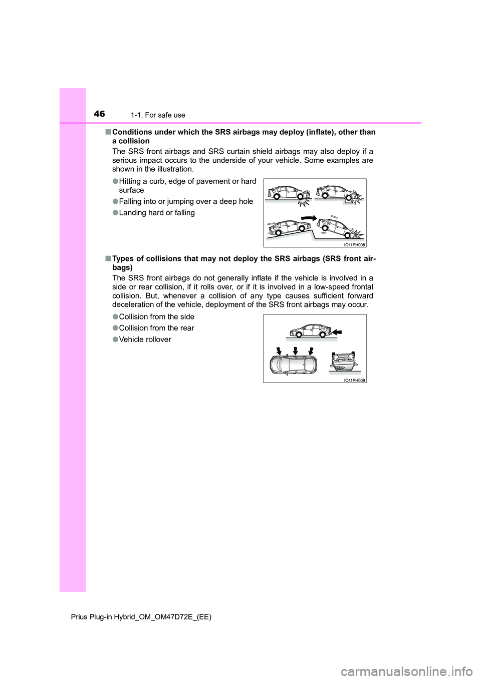 TOYOTA PRIUS PLUG-IN HYBRID 2021 Owners Manual 461-1. For safe use
Prius Plug-in Hybrid_OM_OM47D72E_(EE)
■Conditions under which the SRS airbags may deploy (inflate), other than
a collision
The SRS front airbags and SRS curtain shield airbags TOYOTA PRIUS PLUG-IN HYBRID 2021 Owners Manual 461-1. For safe use
Prius Plug-in Hybrid_OM_OM47D72E_(EE)
■Conditions under which the SRS airbags may deploy (inflate), other than
a collision
The SRS front airbags and SRS curtain shield airbags