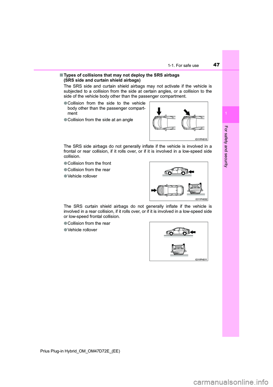 TOYOTA PRIUS PLUG-IN HYBRID 2021 Service Manual 471-1. For safe use
1
Prius Plug-in Hybrid_OM_OM47D72E_(EE)
For safety and security
■Types of collisions that may not deploy the SRS airbags
(SRS side and curtain shield airbags)
The SRS side and TOYOTA PRIUS PLUG-IN HYBRID 2021 Service Manual 471-1. For safe use
1
Prius Plug-in Hybrid_OM_OM47D72E_(EE)
For safety and security
■Types of collisions that may not deploy the SRS airbags
(SRS side and curtain shield airbags)
The SRS side and