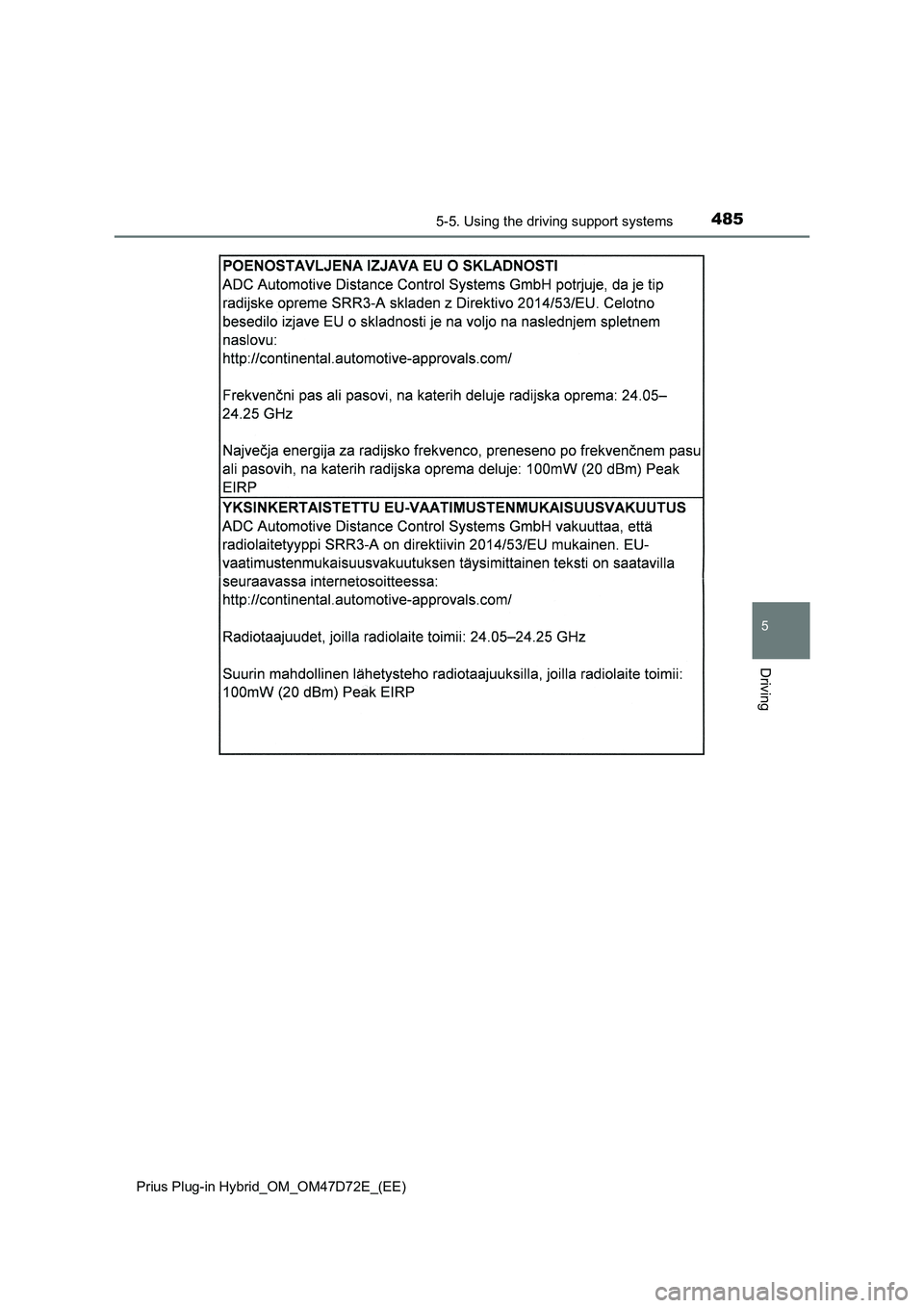 TOYOTA PRIUS PLUG-IN HYBRID 2021  Owners Manual 4855-5. Using the driving support systems
Prius Plug-in Hybrid_OM_OM47D72E_(EE)
5
Driving 