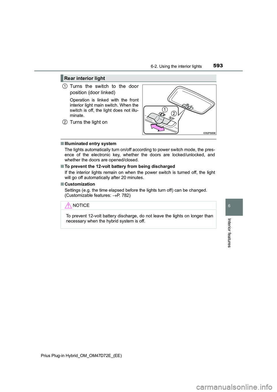 TOYOTA PRIUS PLUG-IN HYBRID 2021  Owners Manual 5936-2. Using the interior lights
Prius Plug-in Hybrid_OM_OM47D72E_(EE)
6
Interior features
Turns the switch to the door
position (door linked)
Operation is linked with the front
interior light main s