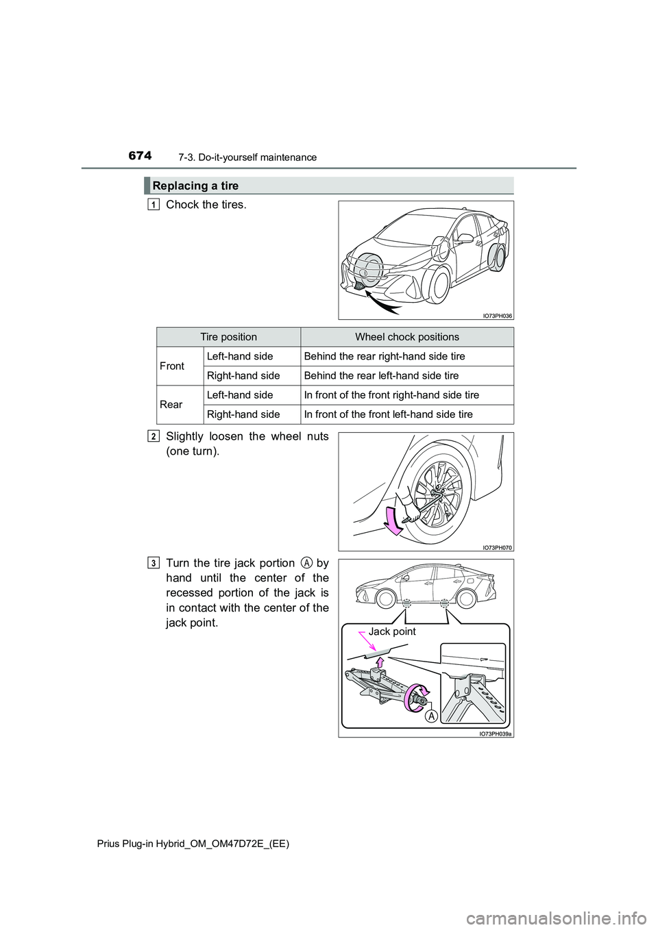 TOYOTA PRIUS PLUG-IN HYBRID 2021  Owners Manual 6747-3. Do-it-yourself maintenance
Prius Plug-in Hybrid_OM_OM47D72E_(EE)
Chock the tires. 
Slightly loosen the wheel nuts 
(one turn). 
Turn the tire jack portion   by 
hand until the center of the 
r