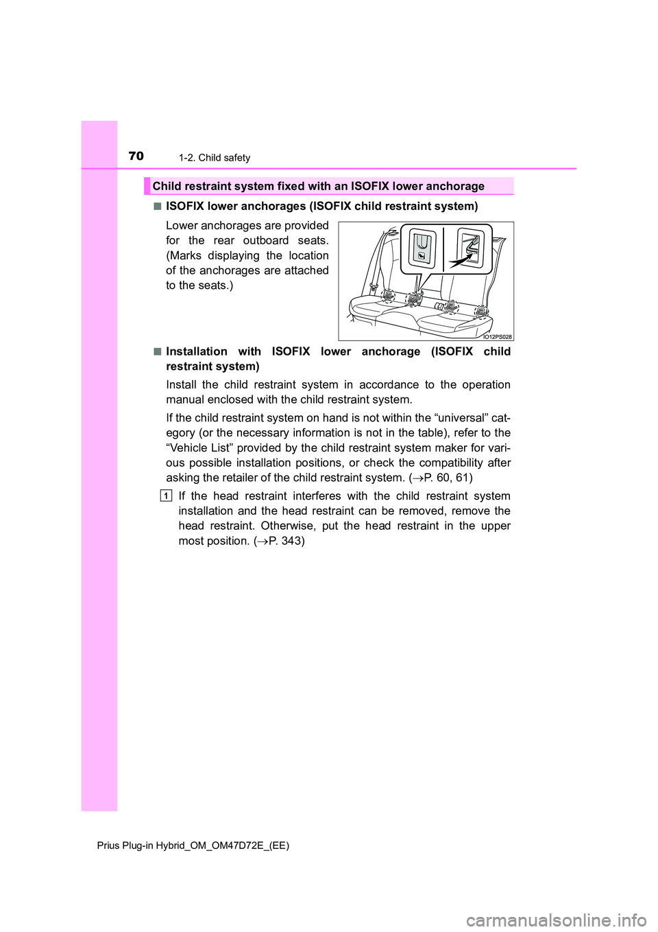TOYOTA PRIUS PLUG-IN HYBRID 2021 Repair Manual 701-2. Child safety
Prius Plug-in Hybrid_OM_OM47D72E_(EE)
â ISOFIX lower anchorages (ISOFIX child restraint system)
Lower anchorages are provided
for the rear outboard seats.
(Marks displaying the TOYOTA PRIUS PLUG-IN HYBRID 2021 Repair Manual 701-2. Child safety
Prius Plug-in Hybrid_OM_OM47D72E_(EE)
â ISOFIX lower anchorages (ISOFIX child restraint system)
Lower anchorages are provided
for the rear outboard seats.
(Marks displaying the