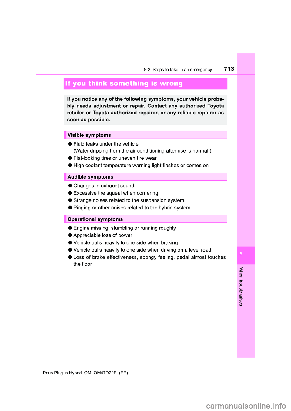 TOYOTA PRIUS PLUG-IN HYBRID 2021  Owners Manual 7138-2. Steps to take in an emergency 
Prius Plug-in Hybrid_OM_OM47D72E_(EE)
8
When trouble arises
If you think something is wrong
● Fluid leaks under the vehicle 
(Water dripping from the air condi