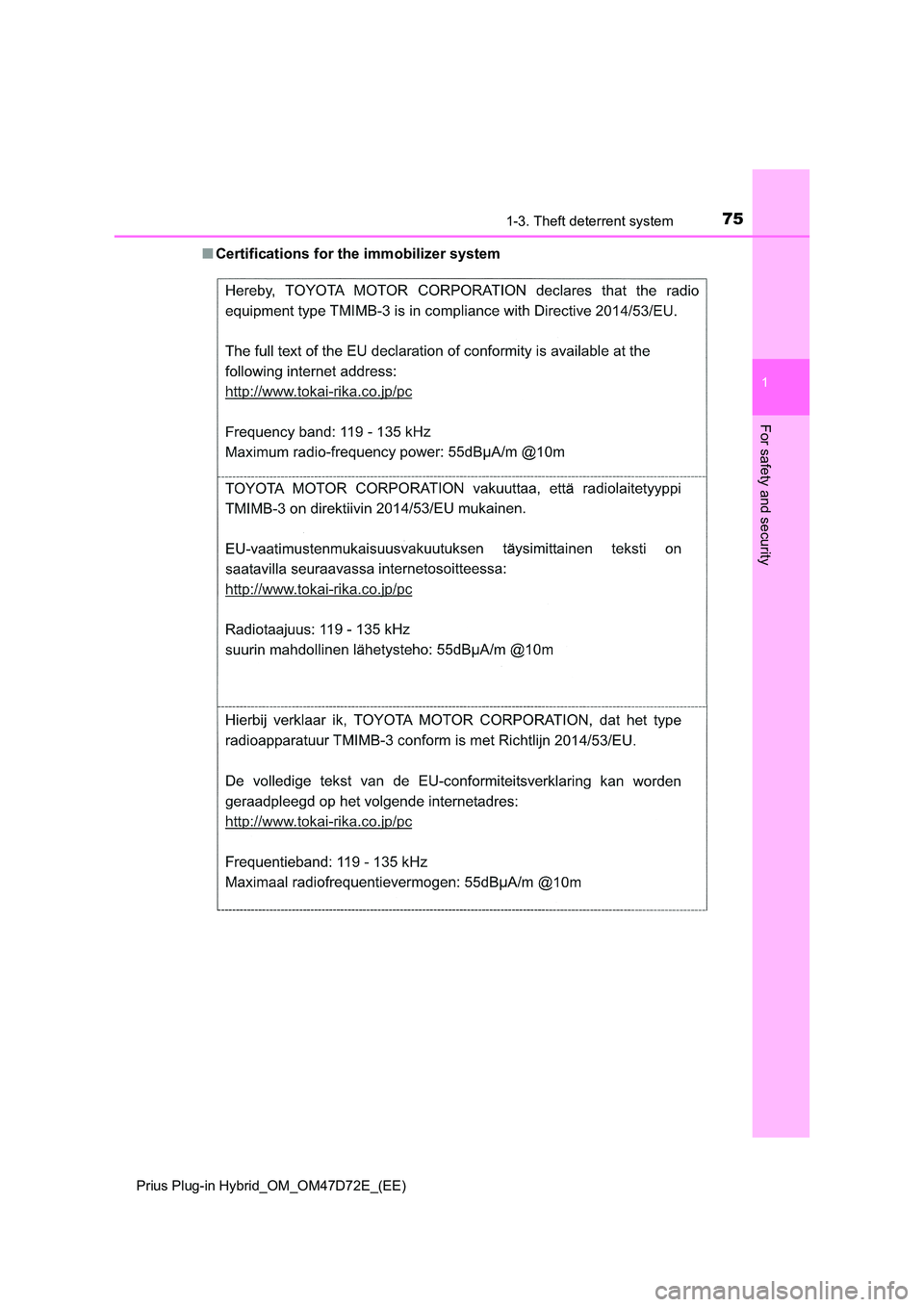 TOYOTA PRIUS PLUG-IN HYBRID 2021 Manual PDF 751-3. Theft deterrent system
1
Prius Plug-in Hybrid_OM_OM47D72E_(EE)
For safety and security
■Certifications for the immobilizer system  