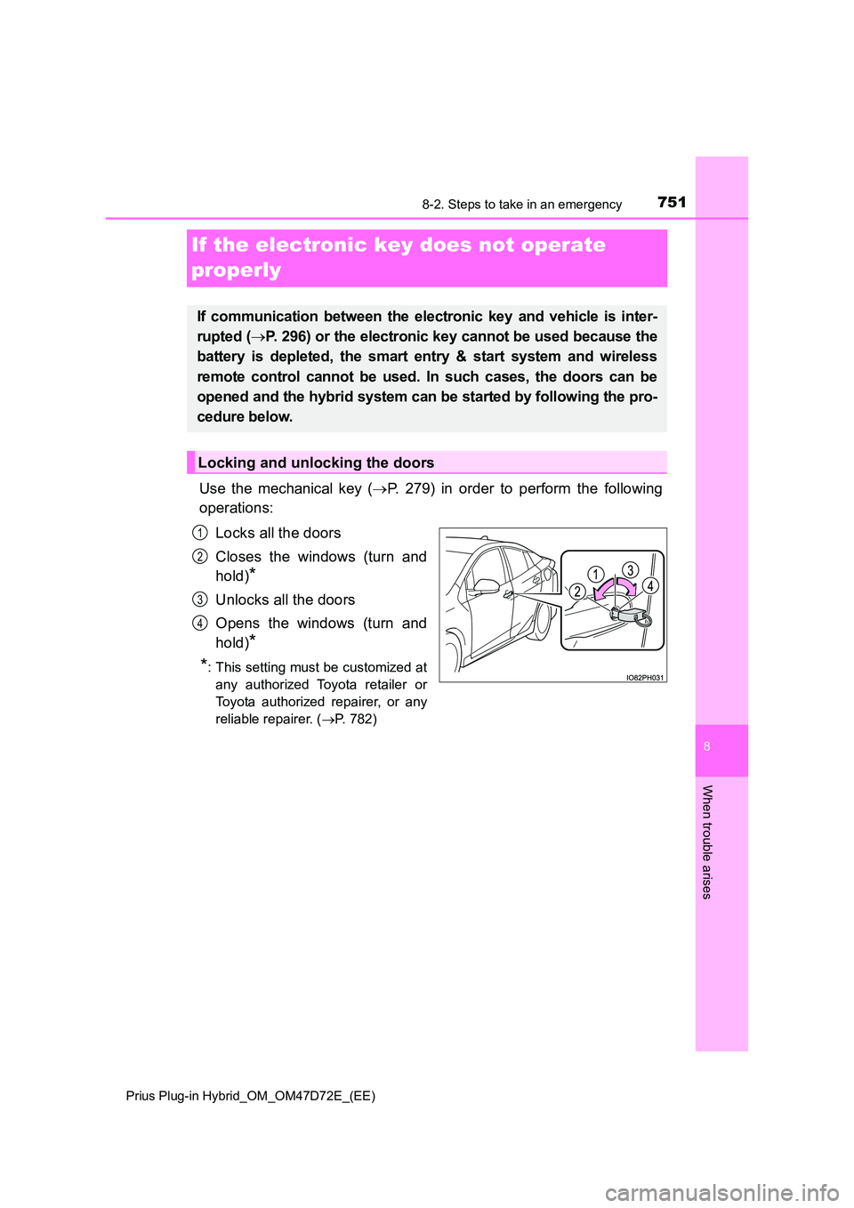 TOYOTA PRIUS PLUG-IN HYBRID 2021 Owners Manual 7518-2. Steps to take in an emergency
Prius Plug-in Hybrid_OM_OM47D72E_(EE)
8
When trouble arises
If the electronic key does not operate
properly
Use the mechanical key ( P. 279) in order to per TOYOTA PRIUS PLUG-IN HYBRID 2021 Owners Manual 7518-2. Steps to take in an emergency
Prius Plug-in Hybrid_OM_OM47D72E_(EE)
8
When trouble arises
If the electronic key does not operate
properly
Use the mechanical key ( P. 279) in order to per