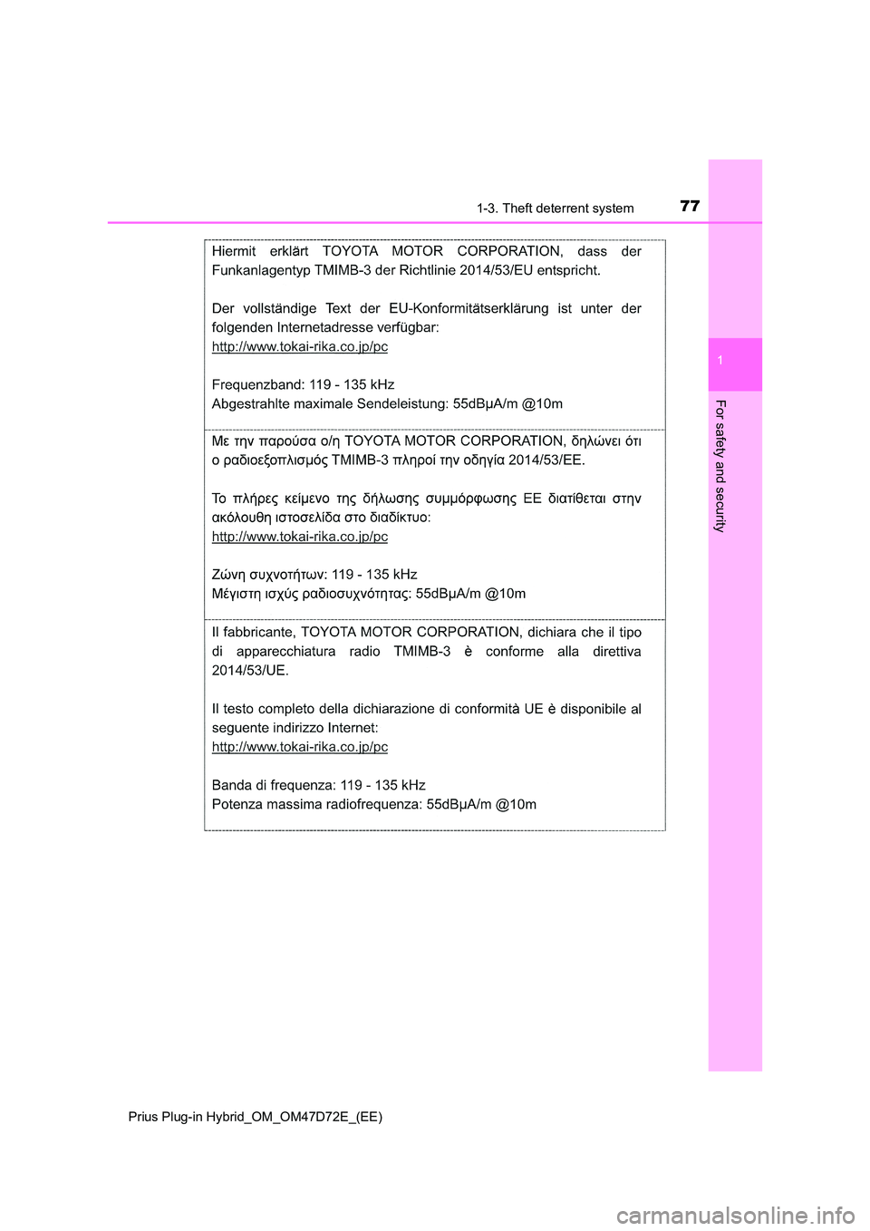 TOYOTA PRIUS PLUG-IN HYBRID 2021 Manual PDF 771-3. Theft deterrent system
1
Prius Plug-in Hybrid_OM_OM47D72E_(EE)
For safety and security 
