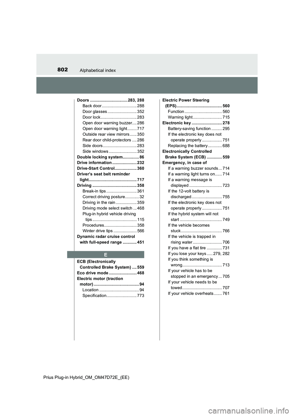 TOYOTA PRIUS PLUG-IN HYBRID 2021 Owners Manual 802Alphabetical index
Prius Plug-in Hybrid_OM_OM47D72E_(EE)
Doors ................................ 283, 288
Back door .............................. 288
Door glasses ......................... 352
Door TOYOTA PRIUS PLUG-IN HYBRID 2021 Owners Manual 802Alphabetical index
Prius Plug-in Hybrid_OM_OM47D72E_(EE)
Doors ................................ 283, 288
Back door .............................. 288
Door glasses ......................... 352
Door