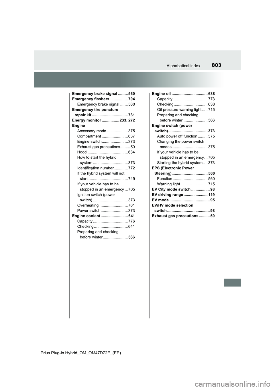 TOYOTA PRIUS PLUG-IN HYBRID 2021 Owners Manual 803Alphabetical index
Prius Plug-in Hybrid_OM_OM47D72E_(EE)
Emergency brake signal ......... 560
Emergency flashers................. 704
Emergency brake signal ....... 560
Emergency tire puncture
rep TOYOTA PRIUS PLUG-IN HYBRID 2021 Owners Manual 803Alphabetical index
Prius Plug-in Hybrid_OM_OM47D72E_(EE)
Emergency brake signal ......... 560
Emergency flashers................. 704
Emergency brake signal ....... 560
Emergency tire puncture
rep