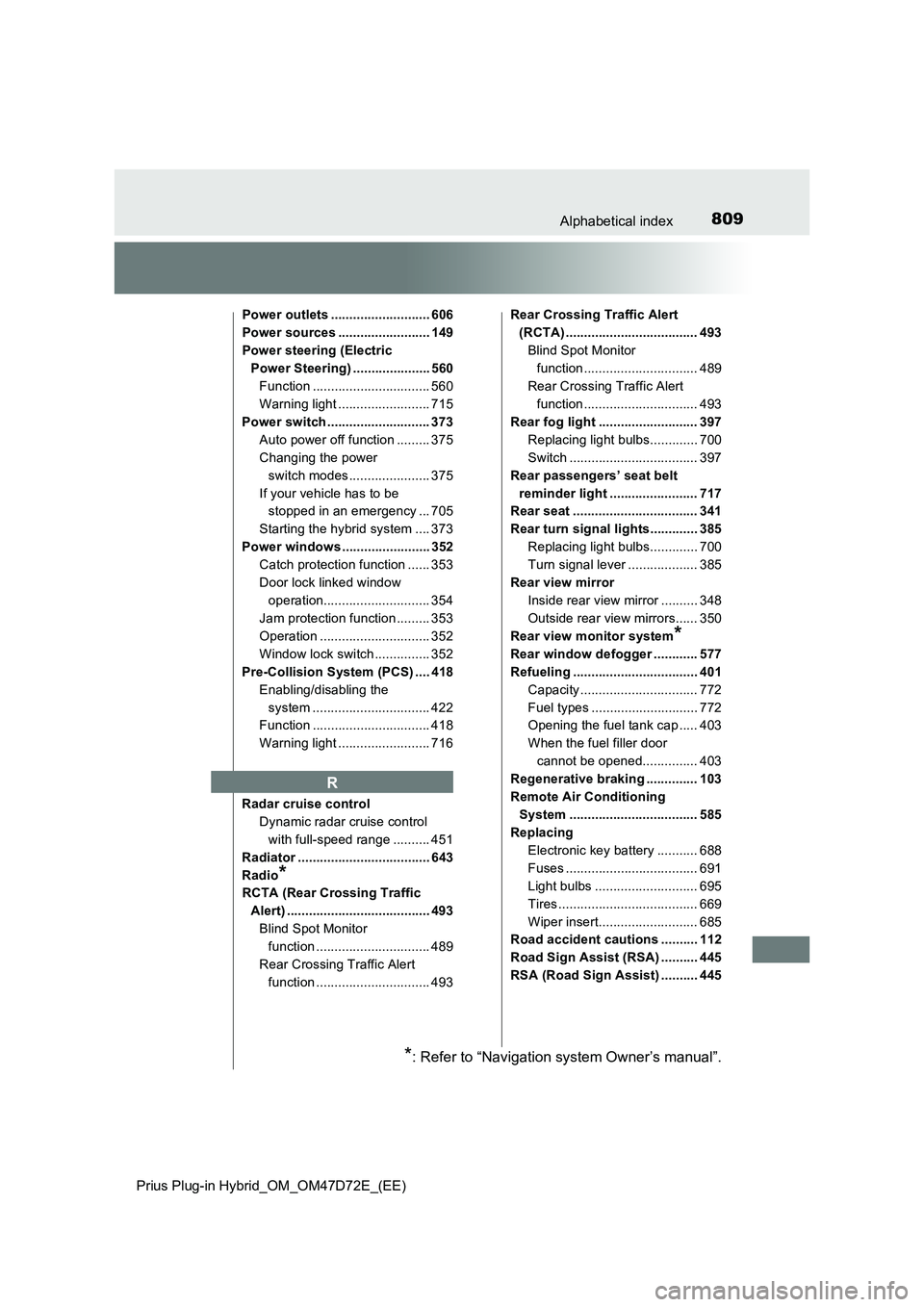 TOYOTA PRIUS PLUG-IN HYBRID 2021 Owners Manual 809Alphabetical index
Prius Plug-in Hybrid_OM_OM47D72E_(EE)
Power outlets ........................... 606
Power sources ......................... 149
Power steering (Electric
Power Steering) ........ TOYOTA PRIUS PLUG-IN HYBRID 2021 Owners Manual 809Alphabetical index
Prius Plug-in Hybrid_OM_OM47D72E_(EE)
Power outlets ........................... 606
Power sources ......................... 149
Power steering (Electric
Power Steering) ........