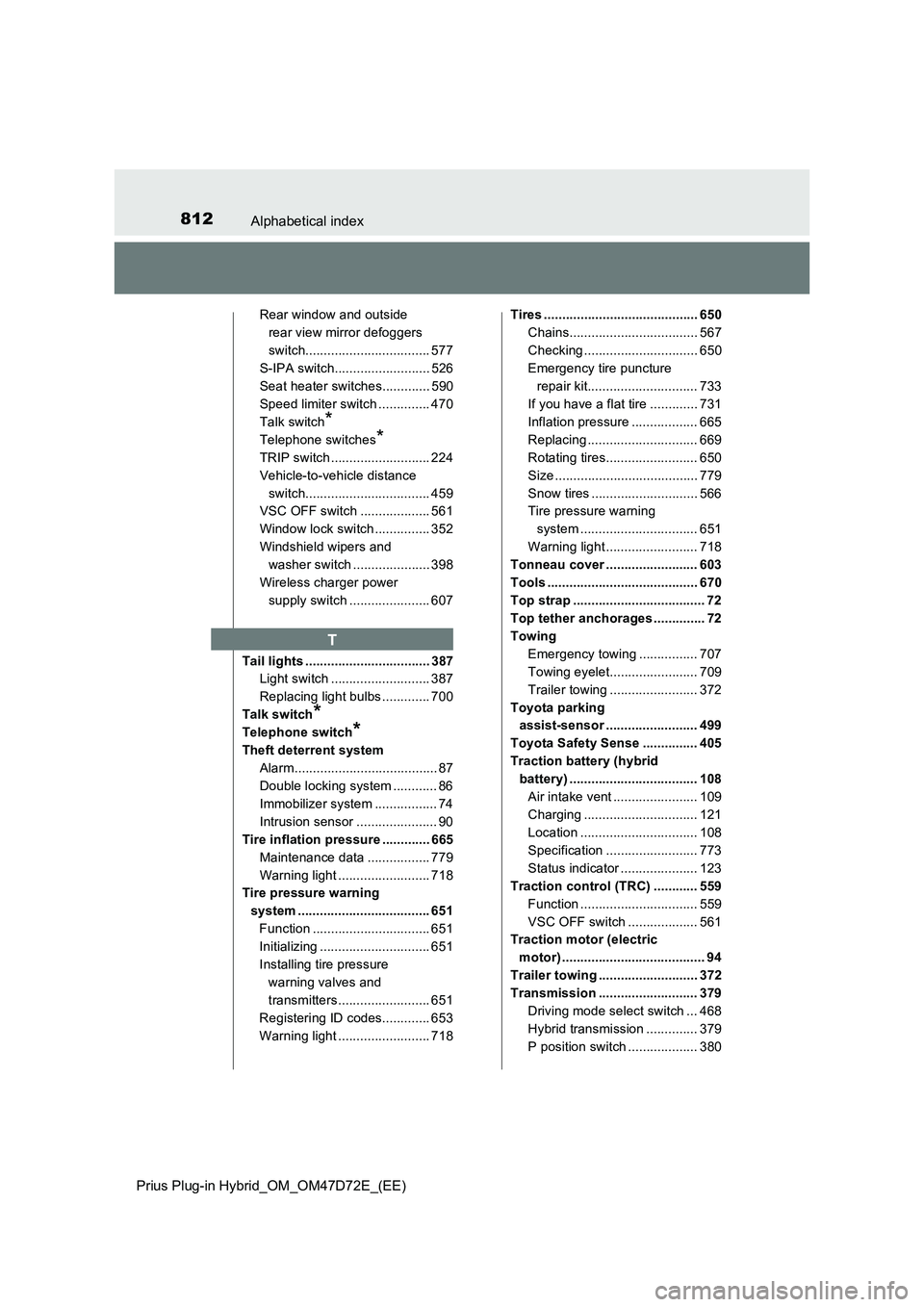 TOYOTA PRIUS PLUG-IN HYBRID 2021 Owners Manual 812Alphabetical index
Prius Plug-in Hybrid_OM_OM47D72E_(EE)
Rear window and outside
rear view mirror defoggers
switch.................................. 577
S-IPA switch.......................... 526 TOYOTA PRIUS PLUG-IN HYBRID 2021 Owners Manual 812Alphabetical index
Prius Plug-in Hybrid_OM_OM47D72E_(EE)
Rear window and outside
rear view mirror defoggers
switch.................................. 577
S-IPA switch.......................... 526