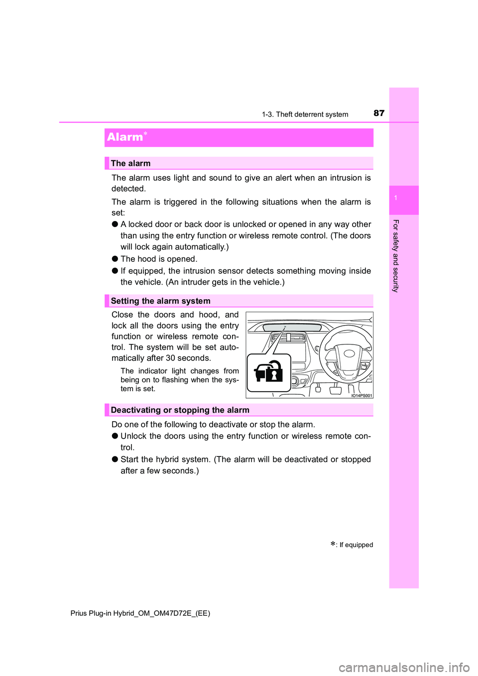TOYOTA PRIUS PLUG-IN HYBRID 2021 Owners Manual 87
1
1-3. Theft deterrent system
Prius Plug-in Hybrid_OM_OM47D72E_(EE)
For safety and security
Alarm
The alarm uses light and sound to give an alert when an intrusion is
detected.
The alarm is t TOYOTA PRIUS PLUG-IN HYBRID 2021 Owners Manual 87
1
1-3. Theft deterrent system
Prius Plug-in Hybrid_OM_OM47D72E_(EE)
For safety and security
Alarm
The alarm uses light and sound to give an alert when an intrusion is
detected.
The alarm is t