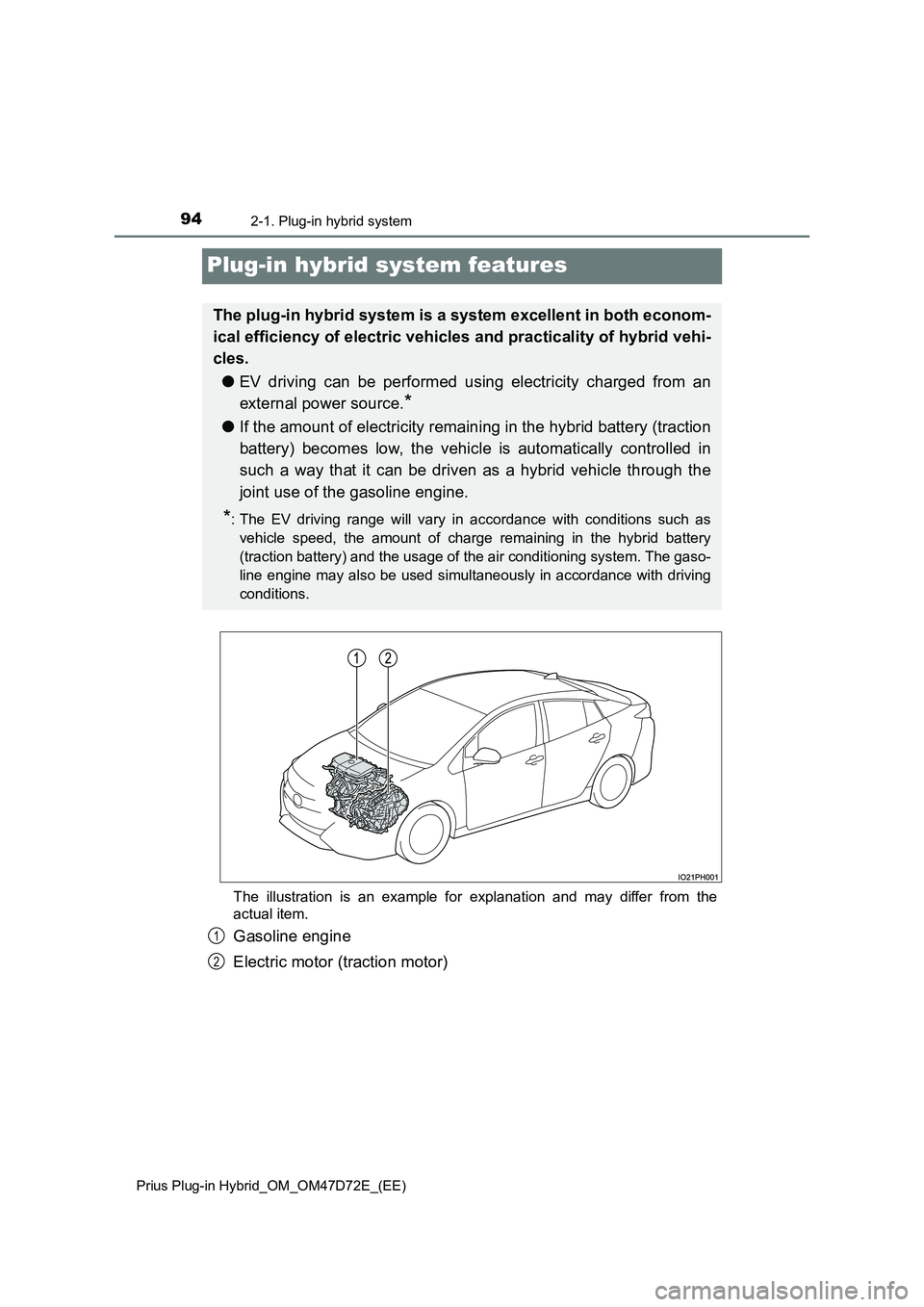 TOYOTA PRIUS PLUG-IN HYBRID 2021  Owners Manual 942-1. Plug-in hybrid system 
Prius Plug-in Hybrid_OM_OM47D72E_(EE)
Plug-in hybrid system features
The illustration is an example for explanation and may differ from the 
actual item.
Gasoline engine 