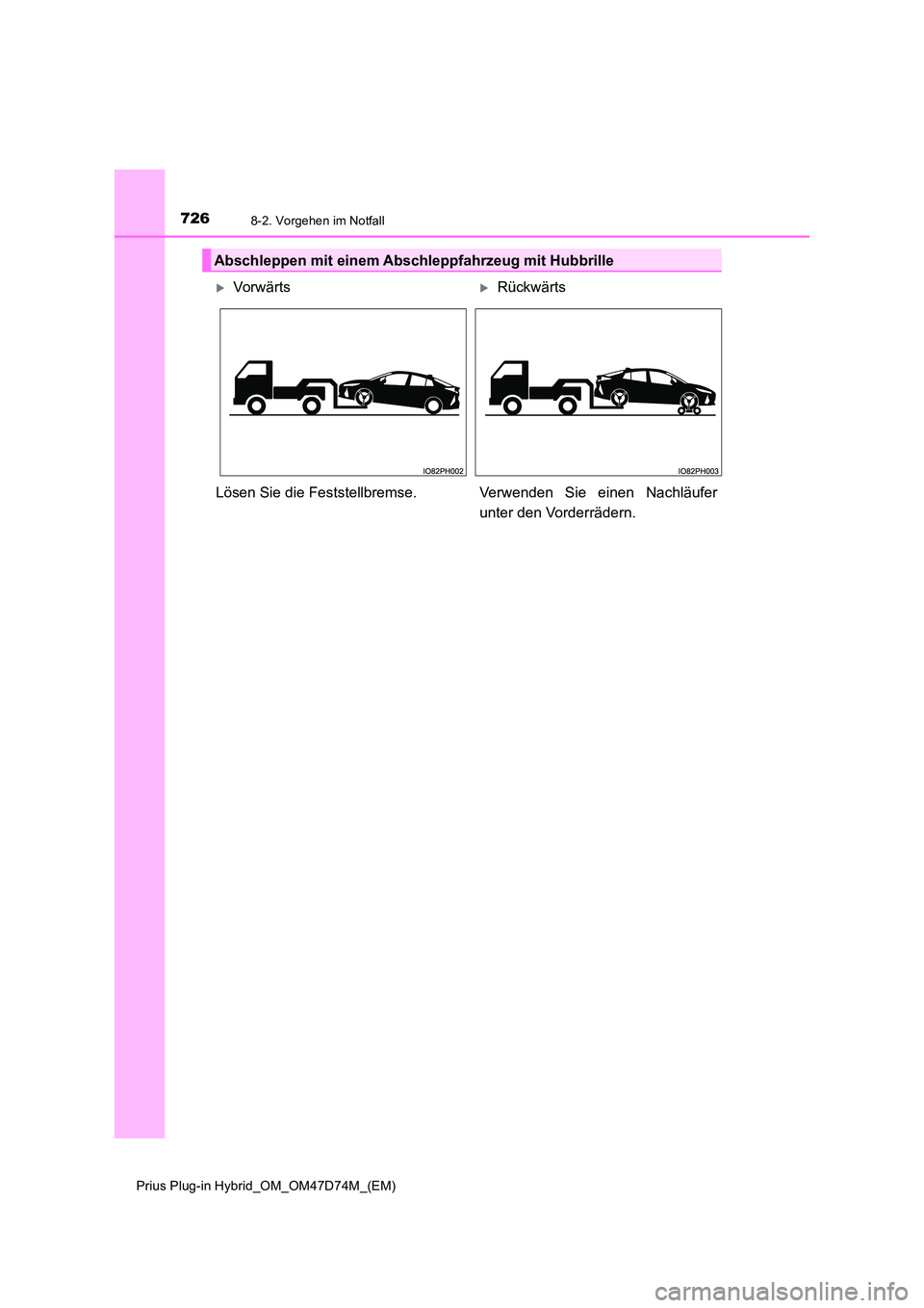 TOYOTA PRIUS PLUG-IN HYBRID 2021 Betriebsanleitungen (in German) 7268-2. Vorgehen im Notfall
Prius Plug-in Hybrid_OM_OM47D74M_(EM)
Abschleppen mit einem Abschleppfahrzeug mit Hubbrille
Vorwär tsRückwärts
Lösen Sie die Feststellbremse. Verwenden Sie ein TOYOTA PRIUS PLUG-IN HYBRID 2021 Betriebsanleitungen (in German) 7268-2. Vorgehen im Notfall
Prius Plug-in Hybrid_OM_OM47D74M_(EM)
Abschleppen mit einem Abschleppfahrzeug mit Hubbrille
Vorwär tsRückwärts
Lösen Sie die Feststellbremse. Verwenden Sie ein