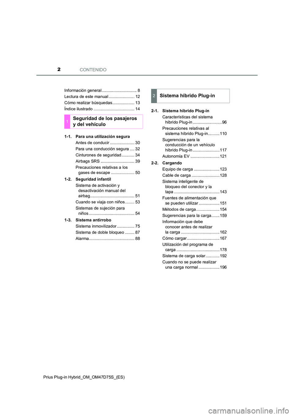 TOYOTA PRIUS PLUG-IN HYBRID 2021  Manual del propietario (in Spanish) CONTENIDO2
Prius Plug-in Hybrid_OM_OM47D75S_(ES) 
Información general .............................. 8 
Lectura de este manual ...................... 12
Cómo realizar búsquedas................... 1