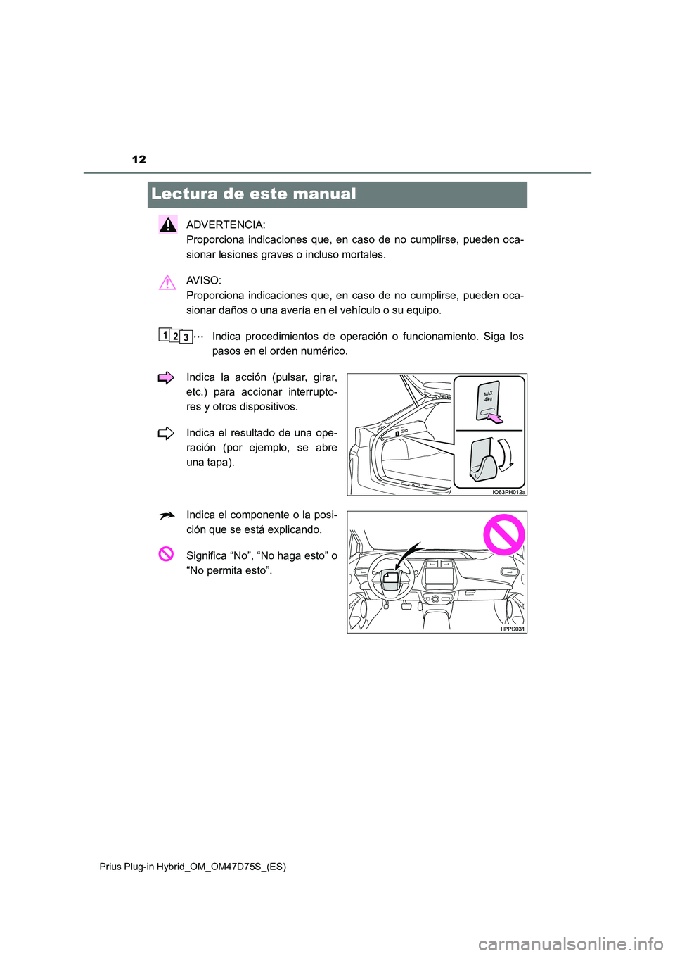 TOYOTA PRIUS PLUG-IN HYBRID 2021 Manual del propietario (in Spanish) 12
Prius Plug-in Hybrid_OM_OM47D75S_(ES)
Lectura de este manual
ADVERTENCIA:
Proporciona indicaciones que, en caso de no cumplirse, pueden oca-
sionar lesiones graves o incluso mortales.
AV I S O TOYOTA PRIUS PLUG-IN HYBRID 2021 Manual del propietario (in Spanish) 12
Prius Plug-in Hybrid_OM_OM47D75S_(ES)
Lectura de este manual
ADVERTENCIA:
Proporciona indicaciones que, en caso de no cumplirse, pueden oca-
sionar lesiones graves o incluso mortales.
AV I S O