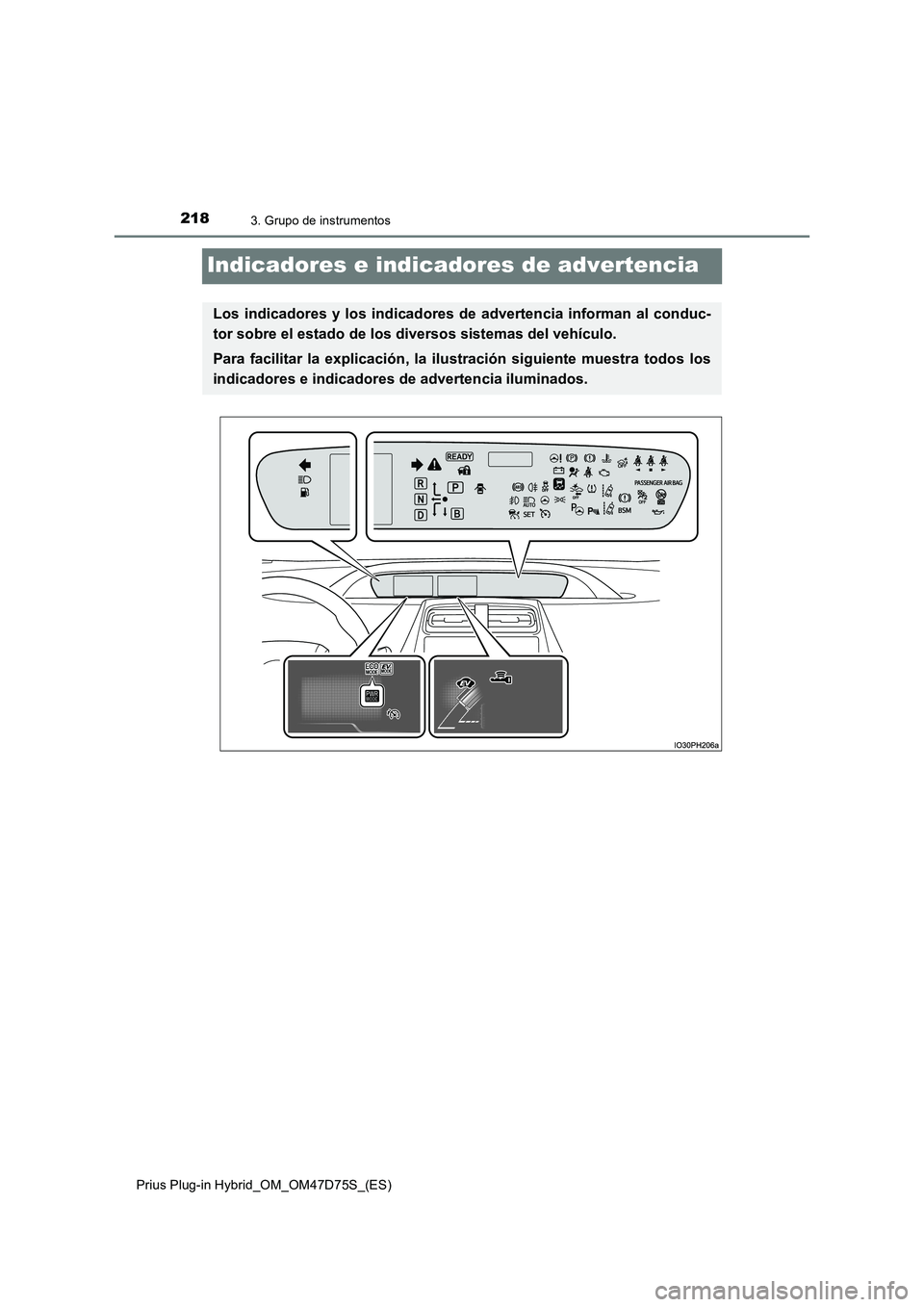 TOYOTA PRIUS PLUG-IN HYBRID 2021  Manual del propietario (in Spanish) 2183. Grupo de instrumentos
Prius Plug-in Hybrid_OM_OM47D75S_(ES)
Indicadores e indicadores de advertencia
Los indicadores y los indicadores de advertencia informan al conduc-
tor sobre el estado de l