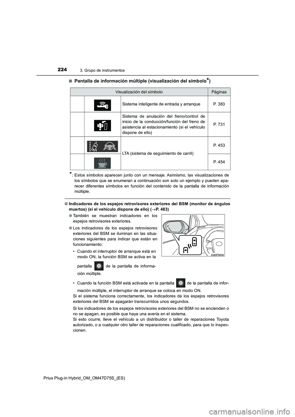 TOYOTA PRIUS PLUG-IN HYBRID 2021  Manual del propietario (in Spanish) 2243. Grupo de instrumentos
Prius Plug-in Hybrid_OM_OM47D75S_(ES)■
Pantalla de información múltiple (visualización del símbolo*)
*: Estos símbolos aparecen junto con un mensaje. Asimismo, las v