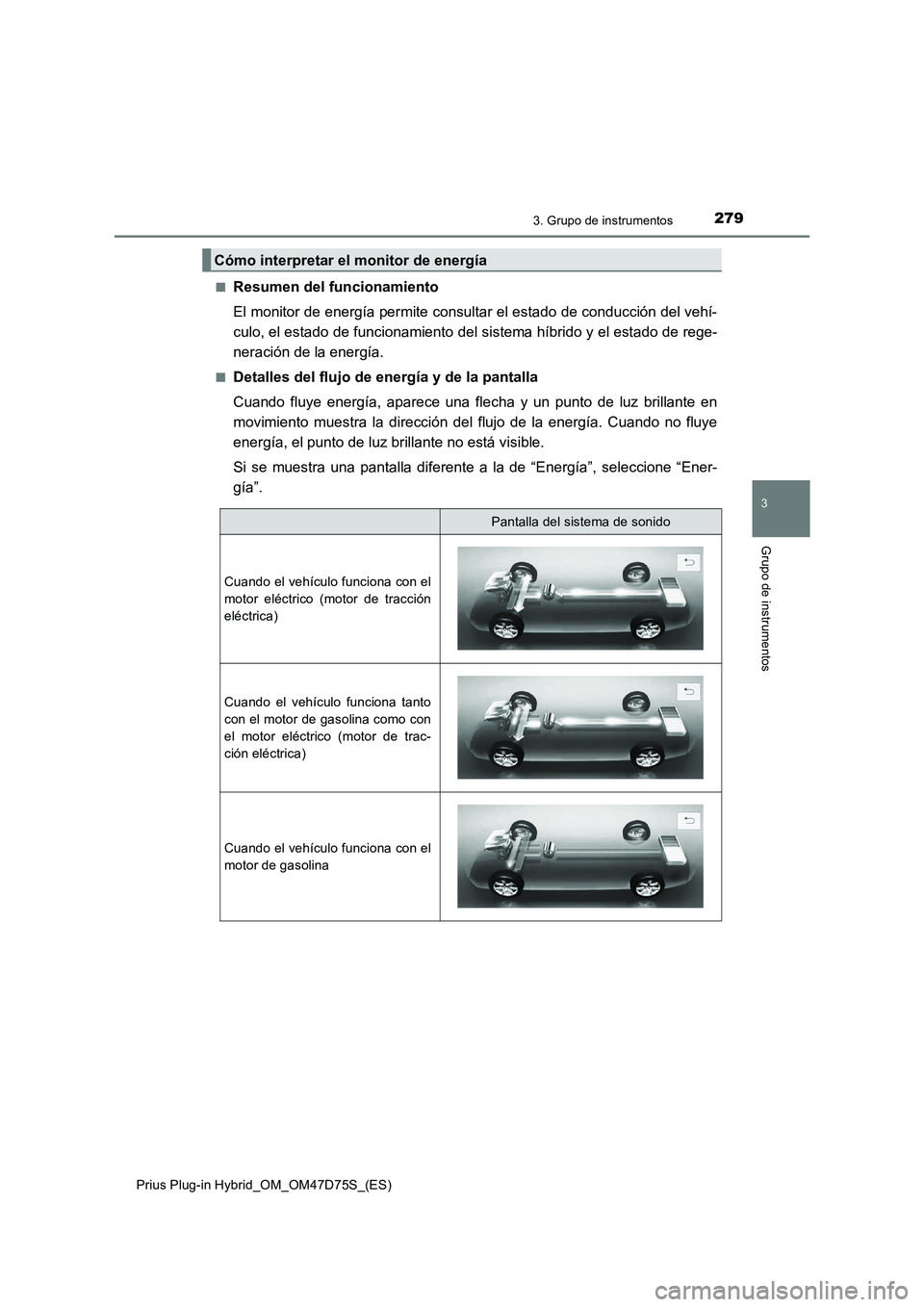 TOYOTA PRIUS PLUG-IN HYBRID 2021 Manual del propietario (in Spanish) 2793. Grupo de instrumentos
3
Grupo de instrumentos
Prius Plug-in Hybrid_OM_OM47D75S_(ES)■
Resumen del funcionamiento
El monitor de energía permite consultar el estado de conducción del vehí-
cul TOYOTA PRIUS PLUG-IN HYBRID 2021 Manual del propietario (in Spanish) 2793. Grupo de instrumentos
3
Grupo de instrumentos
Prius Plug-in Hybrid_OM_OM47D75S_(ES)■
Resumen del funcionamiento
El monitor de energía permite consultar el estado de conducción del vehí-
cul