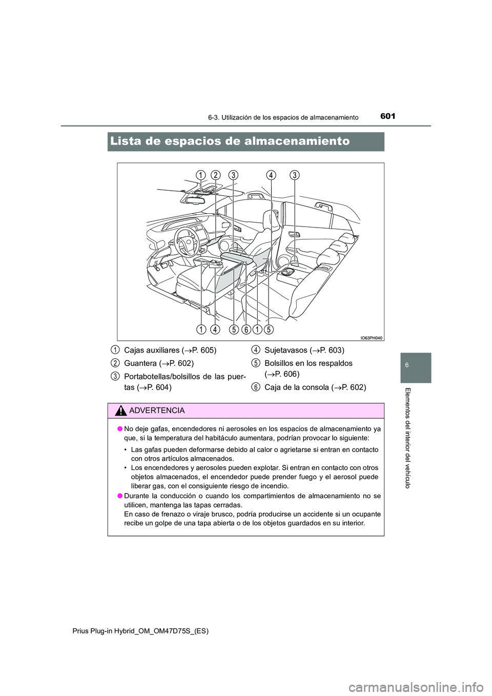 TOYOTA PRIUS PLUG-IN HYBRID 2021  Manual del propietario (in Spanish) 6016-3. Utilización de los espacios de almacenamiento
Prius Plug-in Hybrid_OM_OM47D75S_(ES)
6
Elementos del interior del vehículo
Lista de espacios de almacenamiento
Cajas auxiliares (P. 605) 
Gu