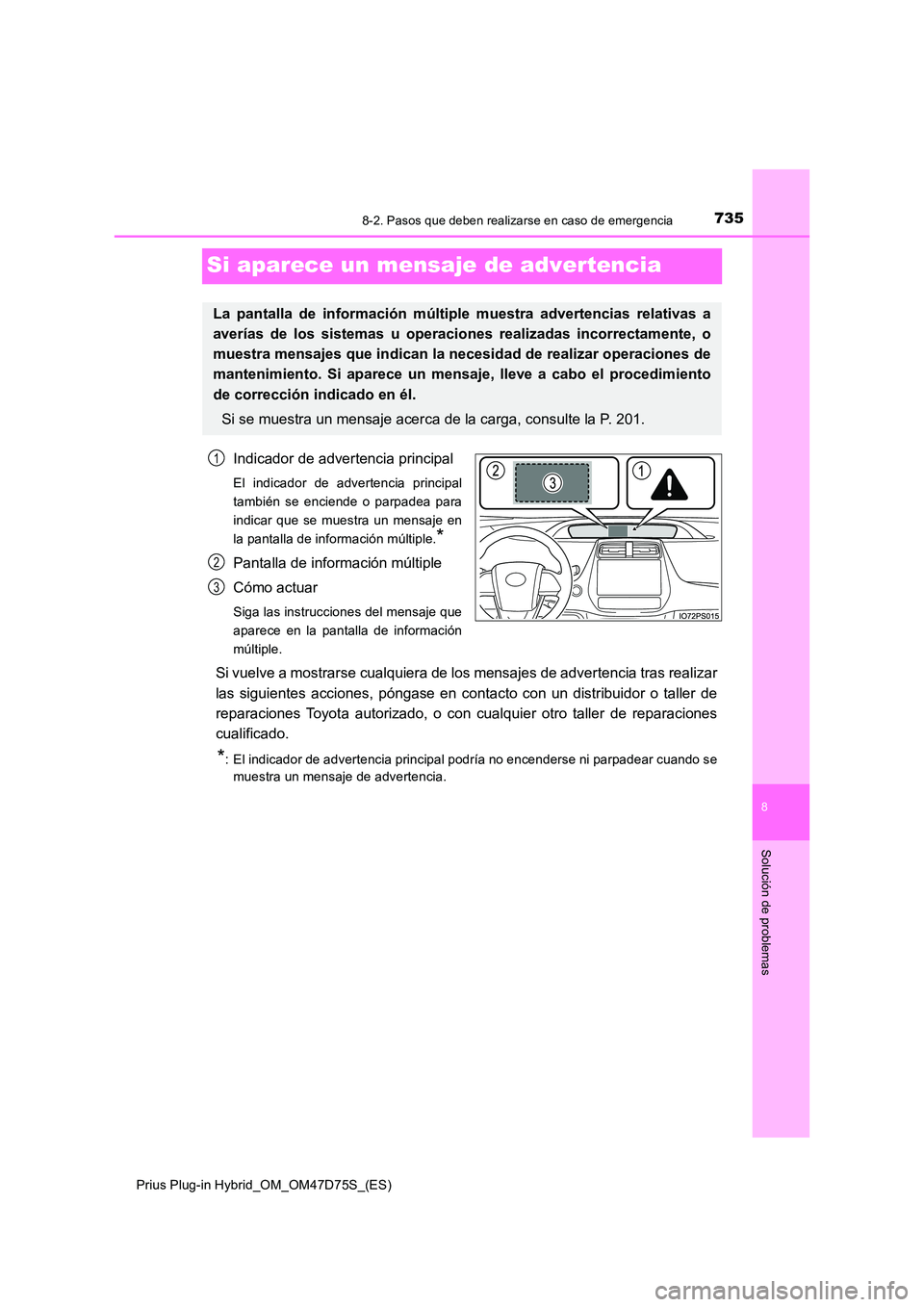TOYOTA PRIUS PLUG-IN HYBRID 2021  Manual del propietario (in Spanish) 7358-2. Pasos que deben realizarse en caso de emergencia
Prius Plug-in Hybrid_OM_OM47D75S_(ES)
8
Solución de problemas
Si aparece un mensaje de advertencia
Indicador de advertencia principal
El indic