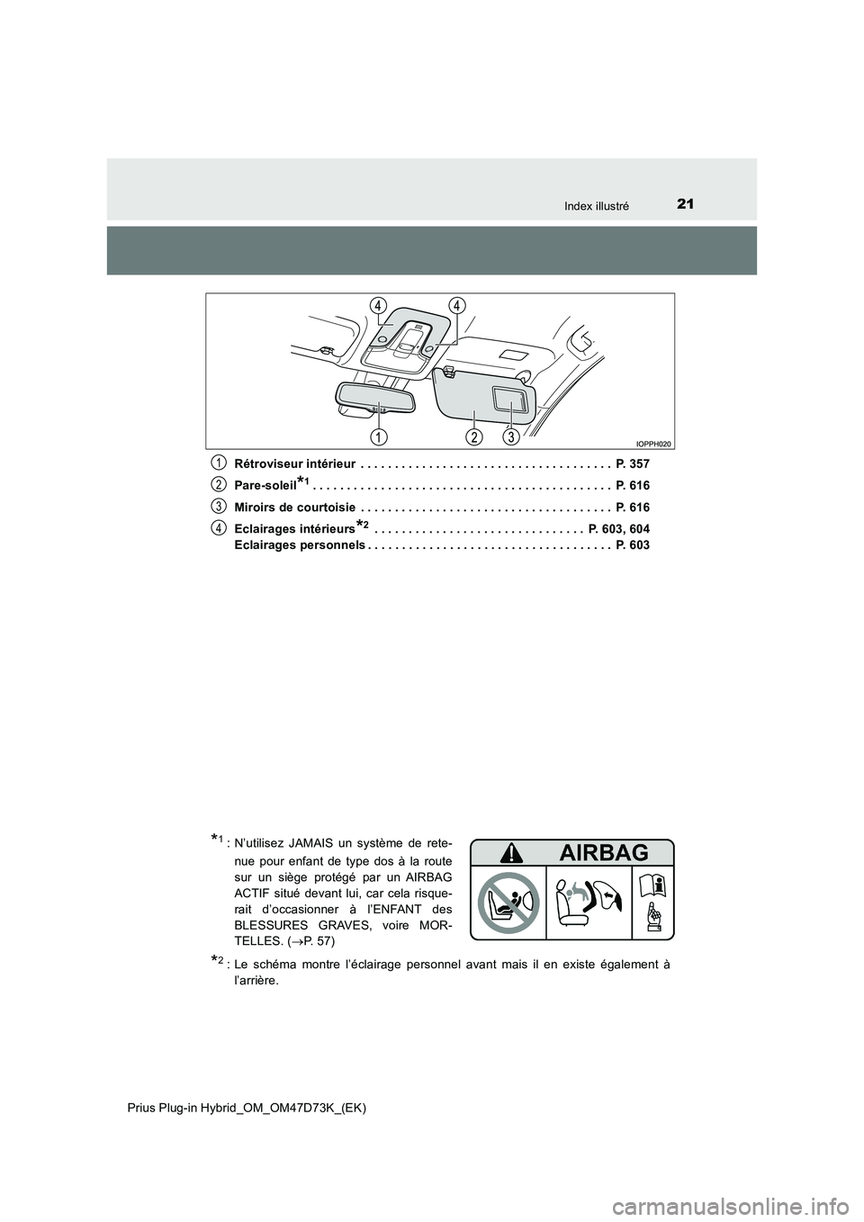 TOYOTA PRIUS PLUG-IN HYBRID 2021  Manuel du propriétaire (in French) 21Index illustré
Prius Plug-in Hybrid_OM_OM47D73K_(EK) 
Rétroviseur intérieur  . . . . . . . . . . . . . . . . . . . . . . . . . . . . . . . . . . . . .  P. 357 
Pare-soleil*1. . . . . . . . . . .  TOYOTA PRIUS PLUG-IN HYBRID 2021  Manuel du propriétaire (in French) 21Index illustré
Prius Plug-in Hybrid_OM_OM47D73K_(EK) 
Rétroviseur intérieur  . . . . . . . . . . . . . . . . . . . . . . . . . . . . . . . . . . . . .  P. 357 
Pare-soleil*1. . . . . . . . . . .