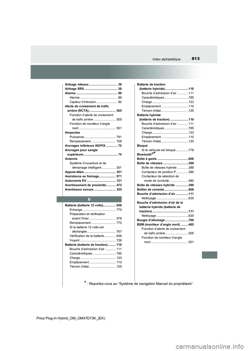 TOYOTA PRIUS PLUG-IN HYBRID 2021  Manuel du propriétaire (in French) 813Index alphabétique
Prius Plug-in Hybrid_OM_OM47D73K_(EK)
Airbags rideaux................................. 39
Airbags SRS ...................................... 39
Alarme........................... TOYOTA PRIUS PLUG-IN HYBRID 2021  Manuel du propriétaire (in French) 813Index alphabétique
Prius Plug-in Hybrid_OM_OM47D73K_(EK)
Airbags rideaux................................. 39
Airbags SRS ...................................... 39
Alarme...........................