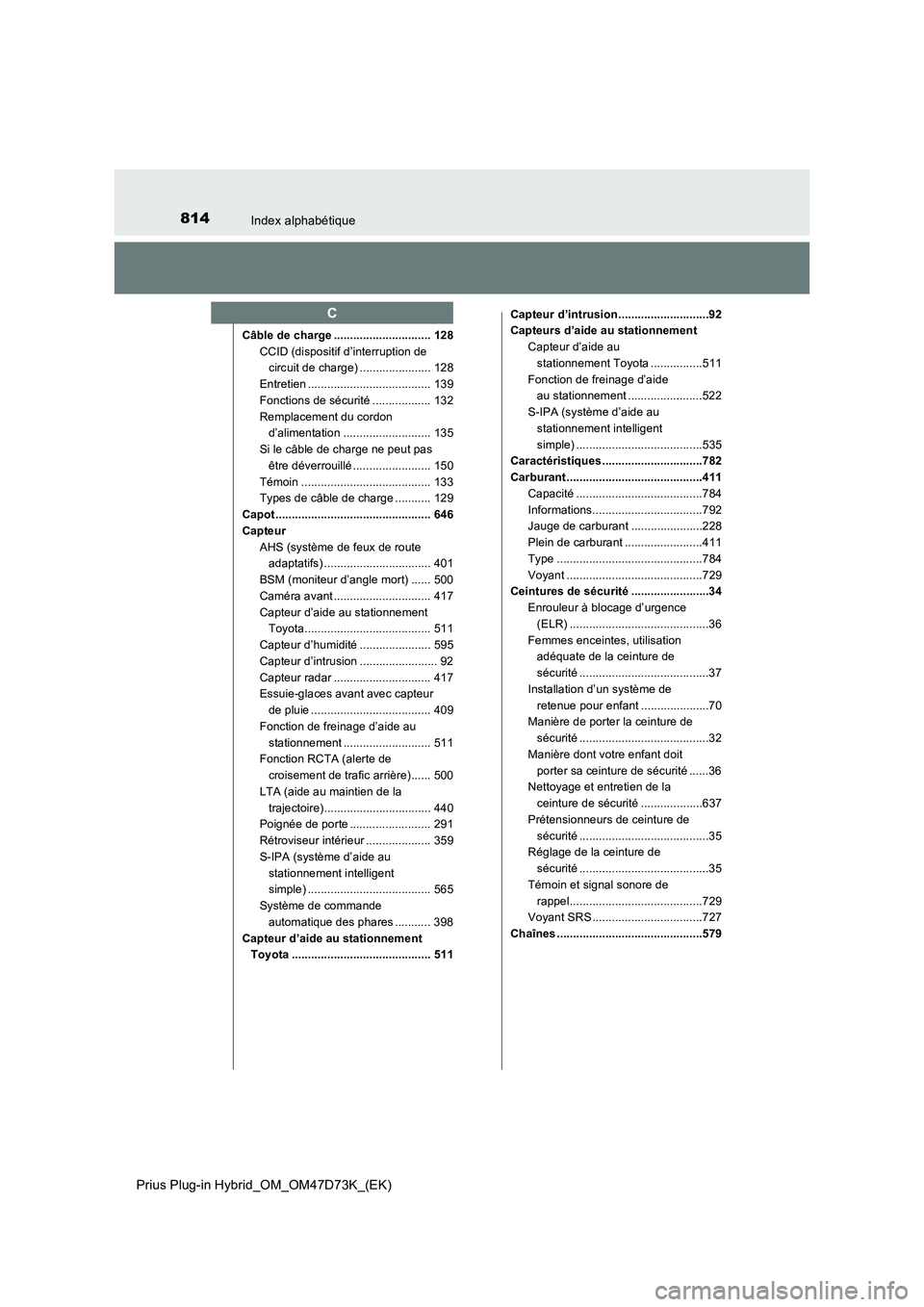 TOYOTA PRIUS PLUG-IN HYBRID 2021  Manuel du propriétaire (in French) 814Index alphabétique
Prius Plug-in Hybrid_OM_OM47D73K_(EK)
Câble de charge .............................. 128
CCID (dispositif d’interruption de 
circuit de charge) ...................... 128
Ent